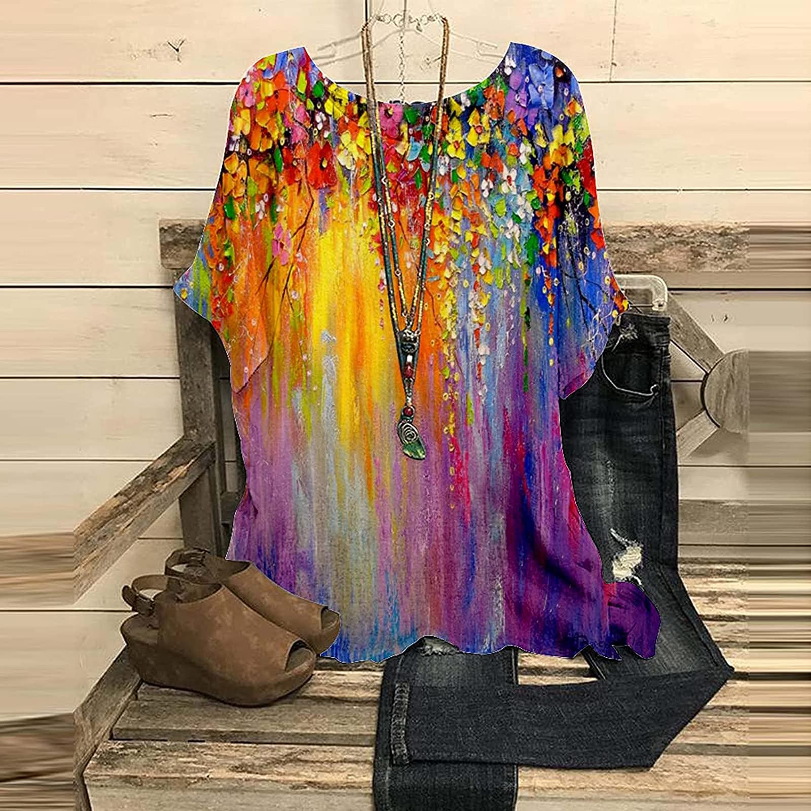 Women's Oversized T-Shirts - Casual Plus Size O-Neck Printed Loose Button Tunic Blouse Tops | Flowy Shirts for Everyday Wear, Lounge & Street Style