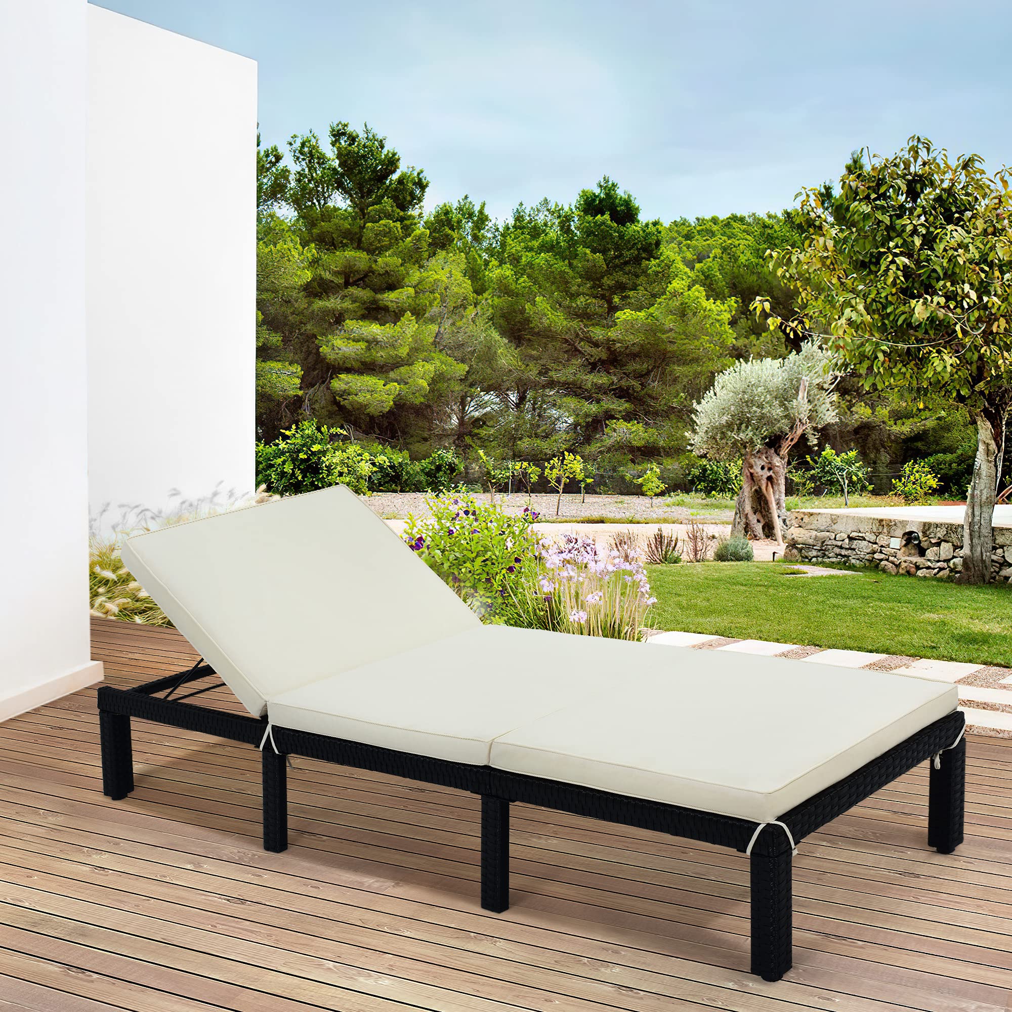 Outdoor Patio Recliner Chair - Adjustable PE Rattan Wicker Chaise Lounge with Removable Cushions, Sunbed for Poolside, Garden, Backyard Relaxation (Beige)