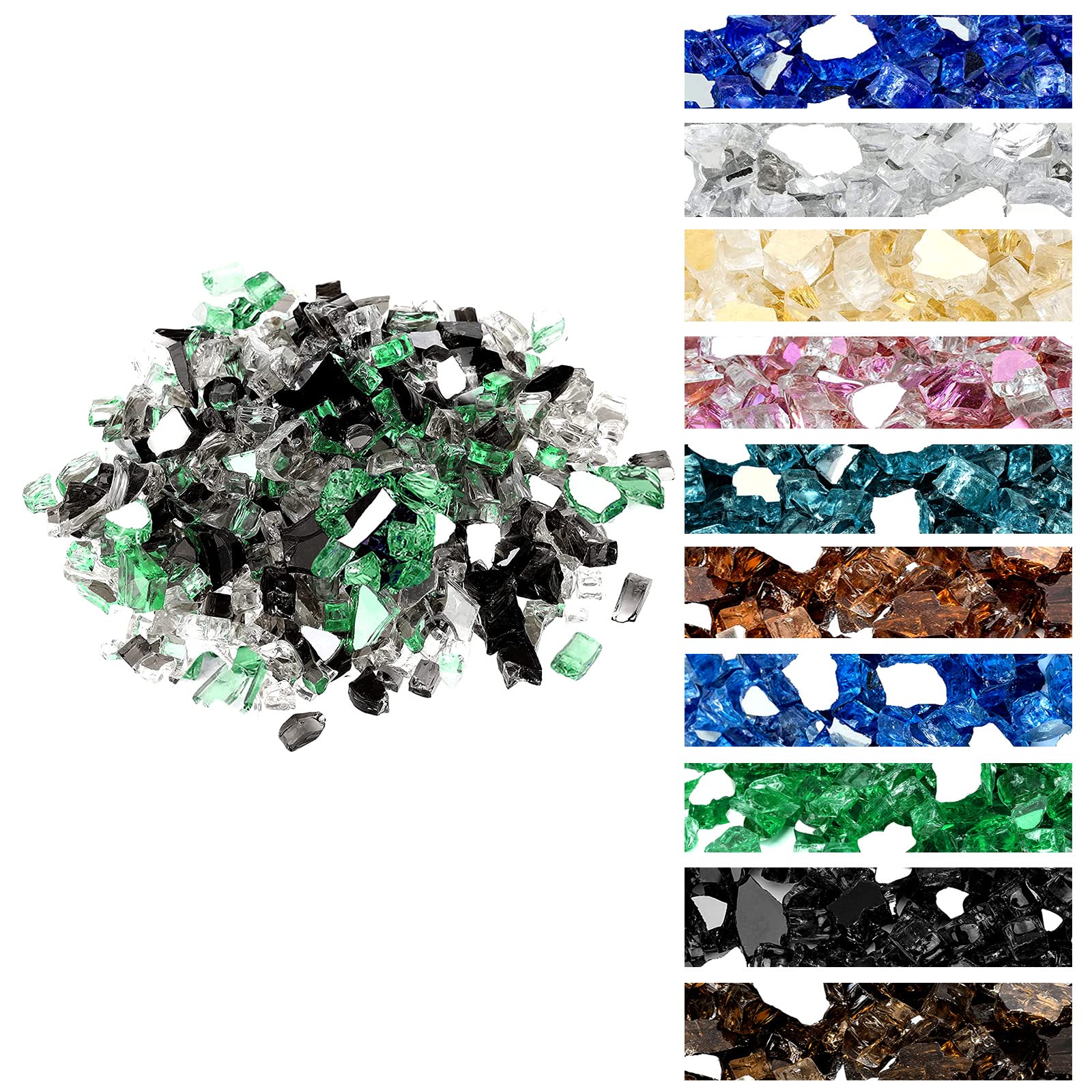 OnlyFire 10 Pounds Blended Reflective Fire Glass for Fire Pit, Fireplace & Landscaping - 1/2 Inch Mixed Color High Luster Fire Glass Rocks (Onyx Black, Platinum, Light Green) - Perfect for Outdoor & Indoor Decoration, Patio Heating and Backyard Ambiance