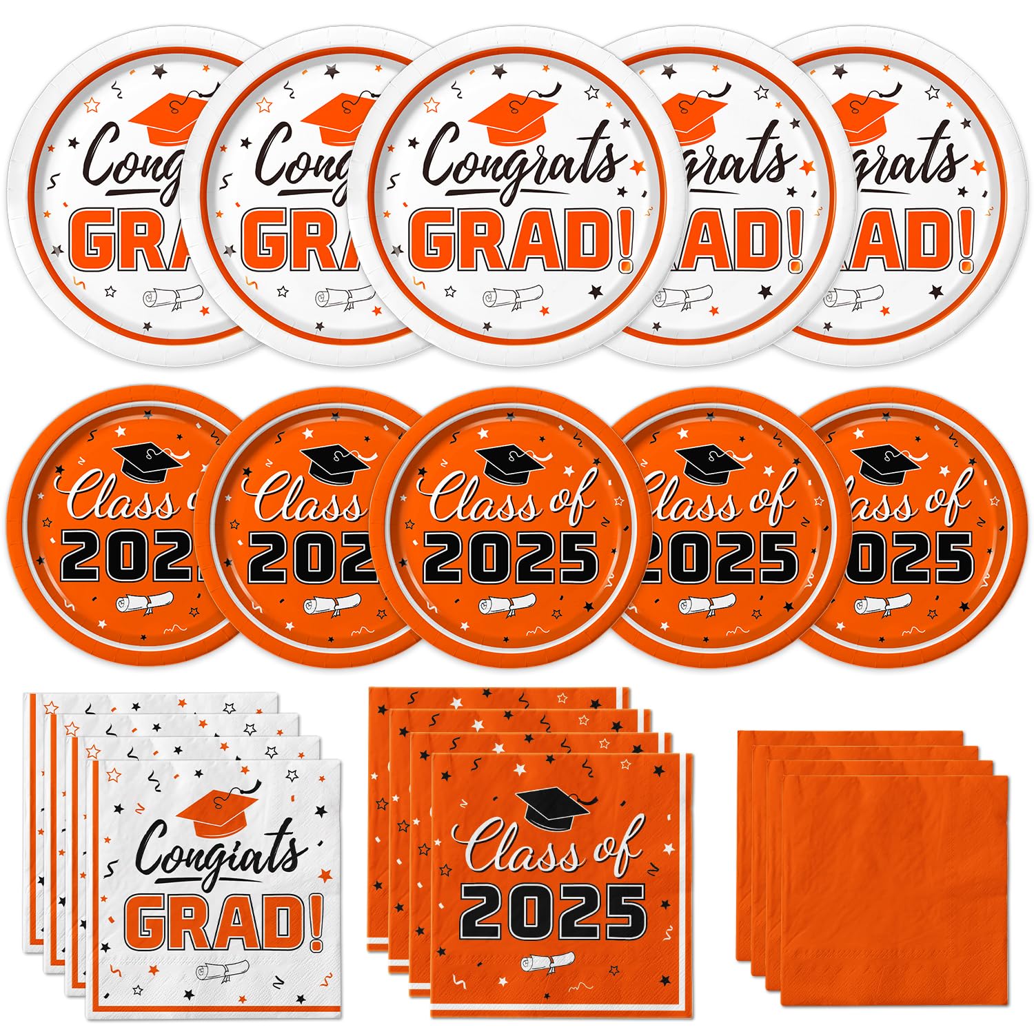 2025 Graduation Party Supplies Kit - Orange Themed Tableware Set for 50 Guests | Disposable Dinner Plates, Dessert Plates & Napkins | Perfect for Class of 2025 Graduation Decorations & Celebration Parties