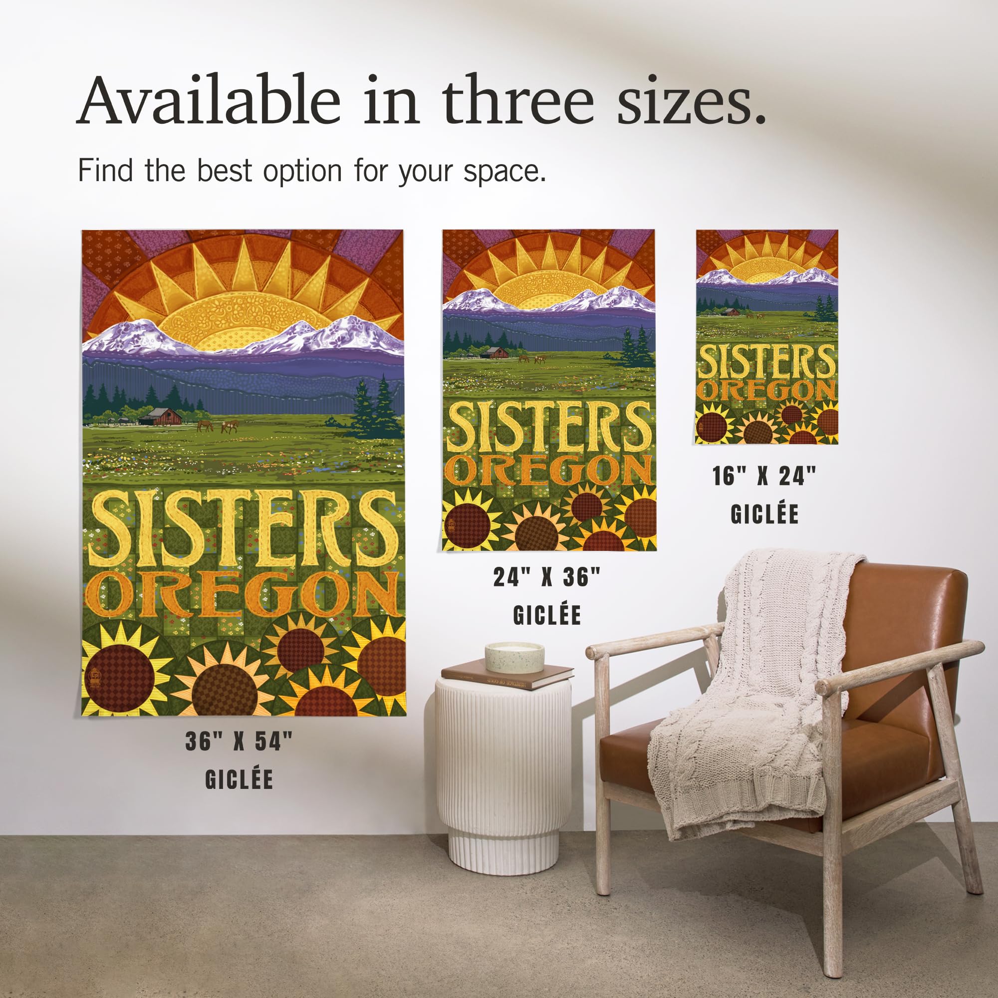 Lantern Press 16x24 Inch Giclee Art Print - Sisters Oregon Landscape with Mountain Meadow Quilt Design | Wall Decor for Living Room, Bedroom & Office