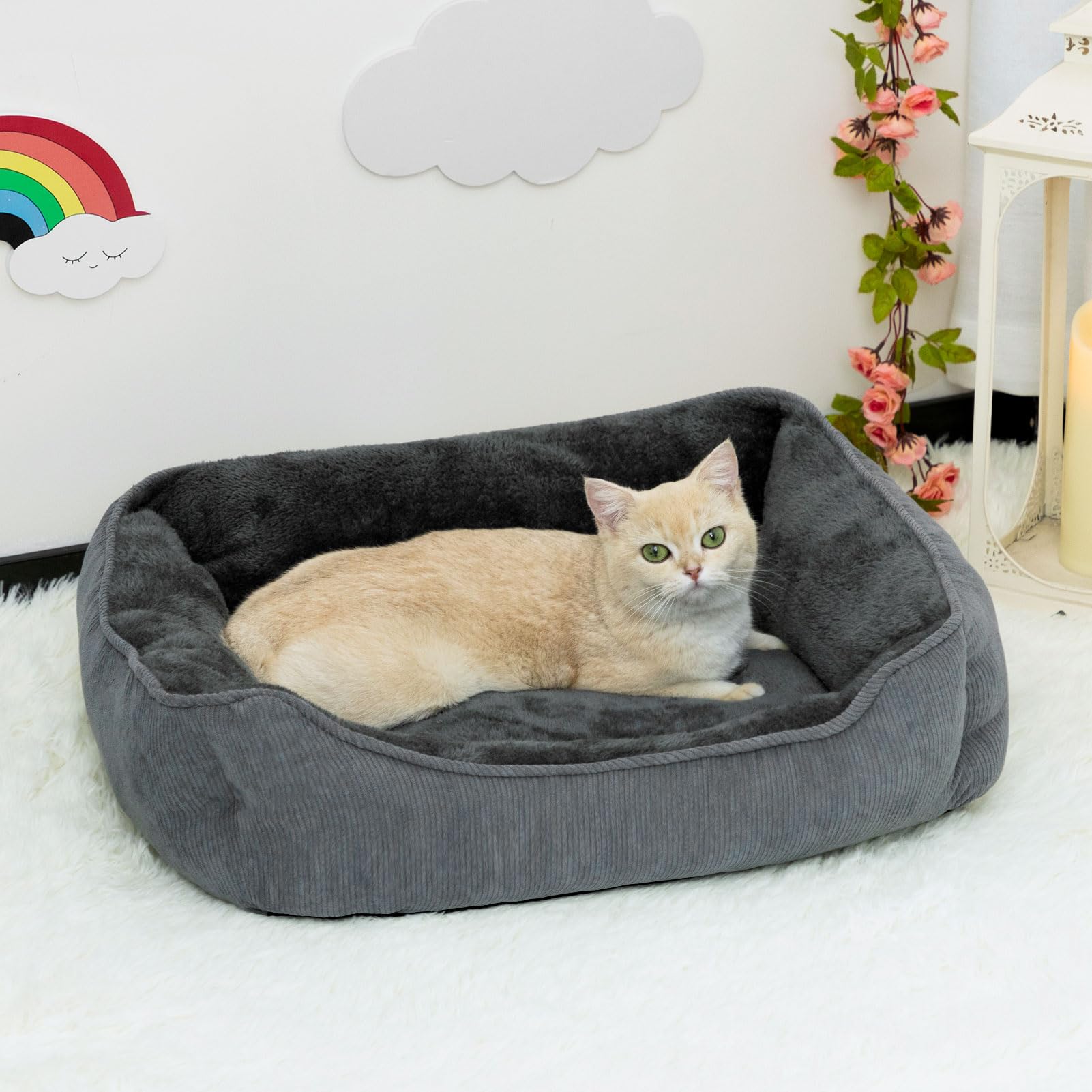 Hollypet Soft Breathable Cat Bed & Small Dog Bed - Cozy Pet Sleeping Cushion for Cats & Puppies, Dark Grey (55 x 45 x 15cm) - Perfect for Indoor Lounging, Crate Training & Nap Time Comfort