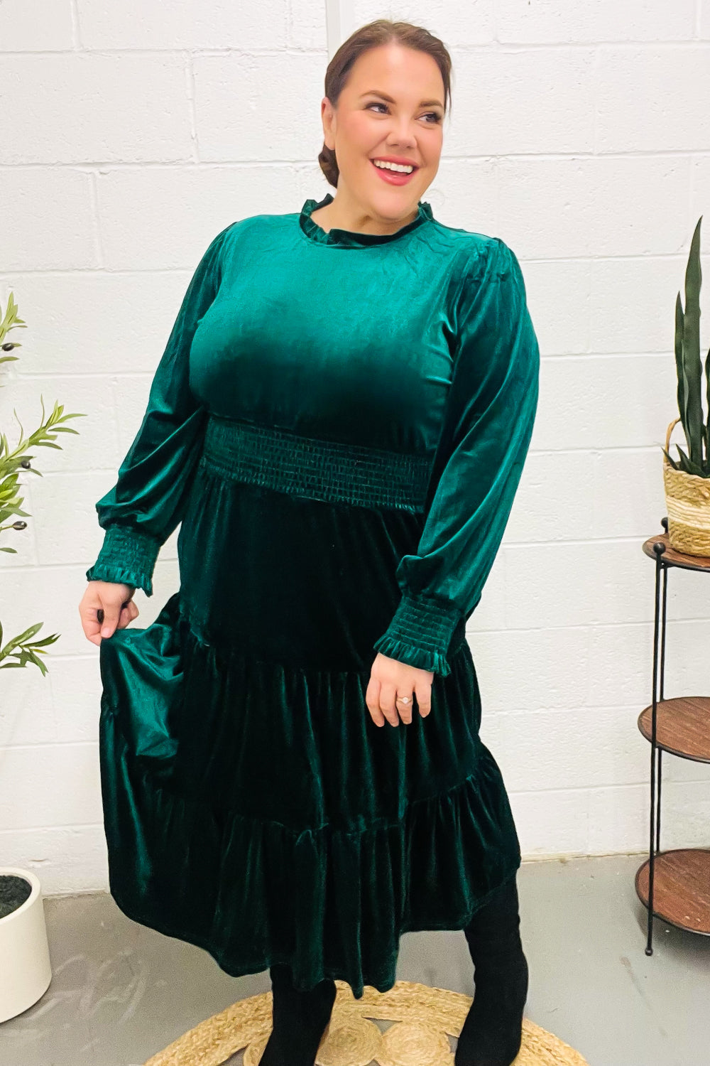 Holiday Dreaming Hunter Green Velvet Mock Neck Smocked Waist Dress for Women - Elegant Holiday Party & Christmas Dinner Outfit