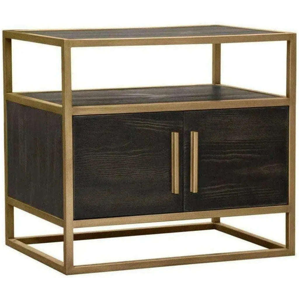 Dark Brown 2-Door End Table with Gold Metal Frame - Perfect for Living Room, Bedroom, or Office Side Table