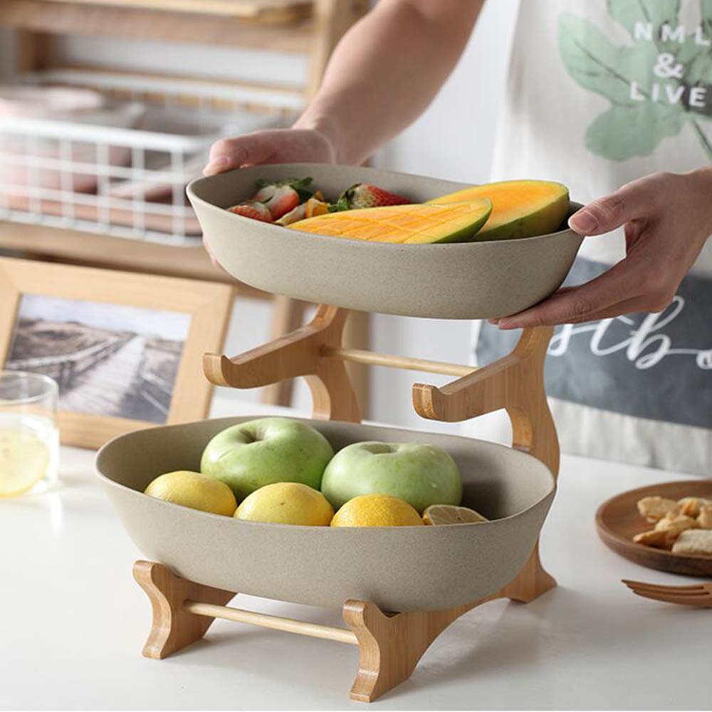 2-Tier Ceramic Cake Stand with Bamboo Base - Reusable Dessert & Fruit Display for Weddings, Birthdays, Parties - Perfect for Candy, Pastries, and Fresh Fruit Arrangements - Elegant White Kitchen & Dining Decor
