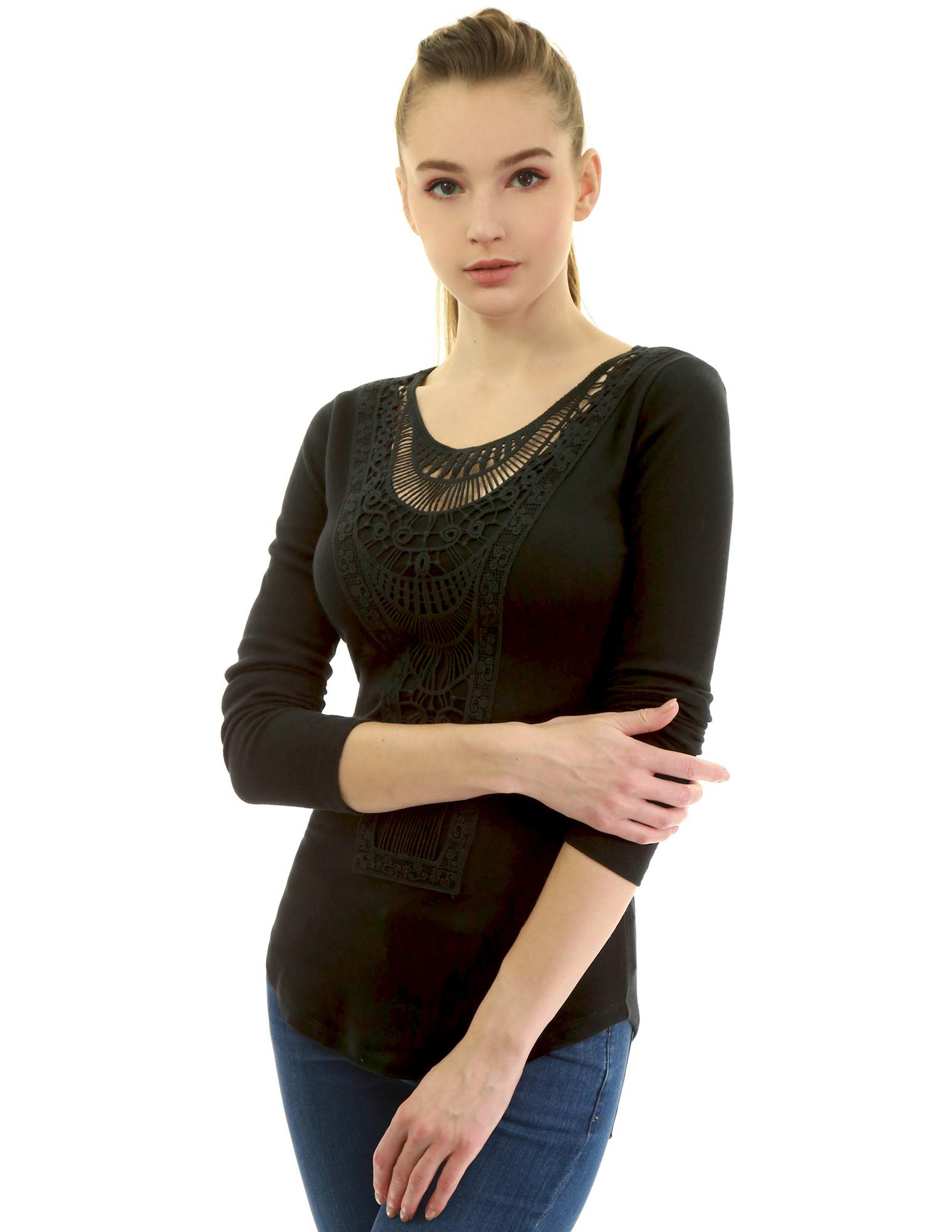 AmélieBoutik Women's Cotton Blend Crochet Lace Blouse - Elegant Curved Hem Tunic Top for Casual Wear, Office & Date Night Outfits