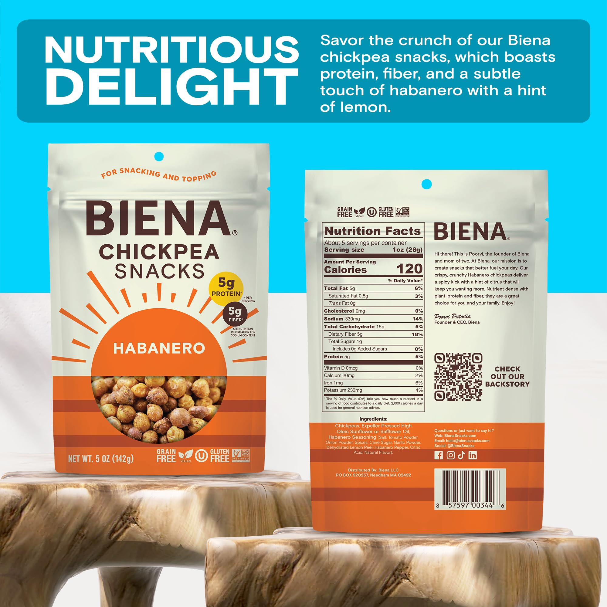 BIENA Crunchy Roasted Chickpea Snacks - High Fiber Vegan Protein Snacks for Adults & Kids - 8-Pack (5oz) - Habanero Flavor - Perfect for School Lunches, Office Snacks & Healthy On-the-Go Eating