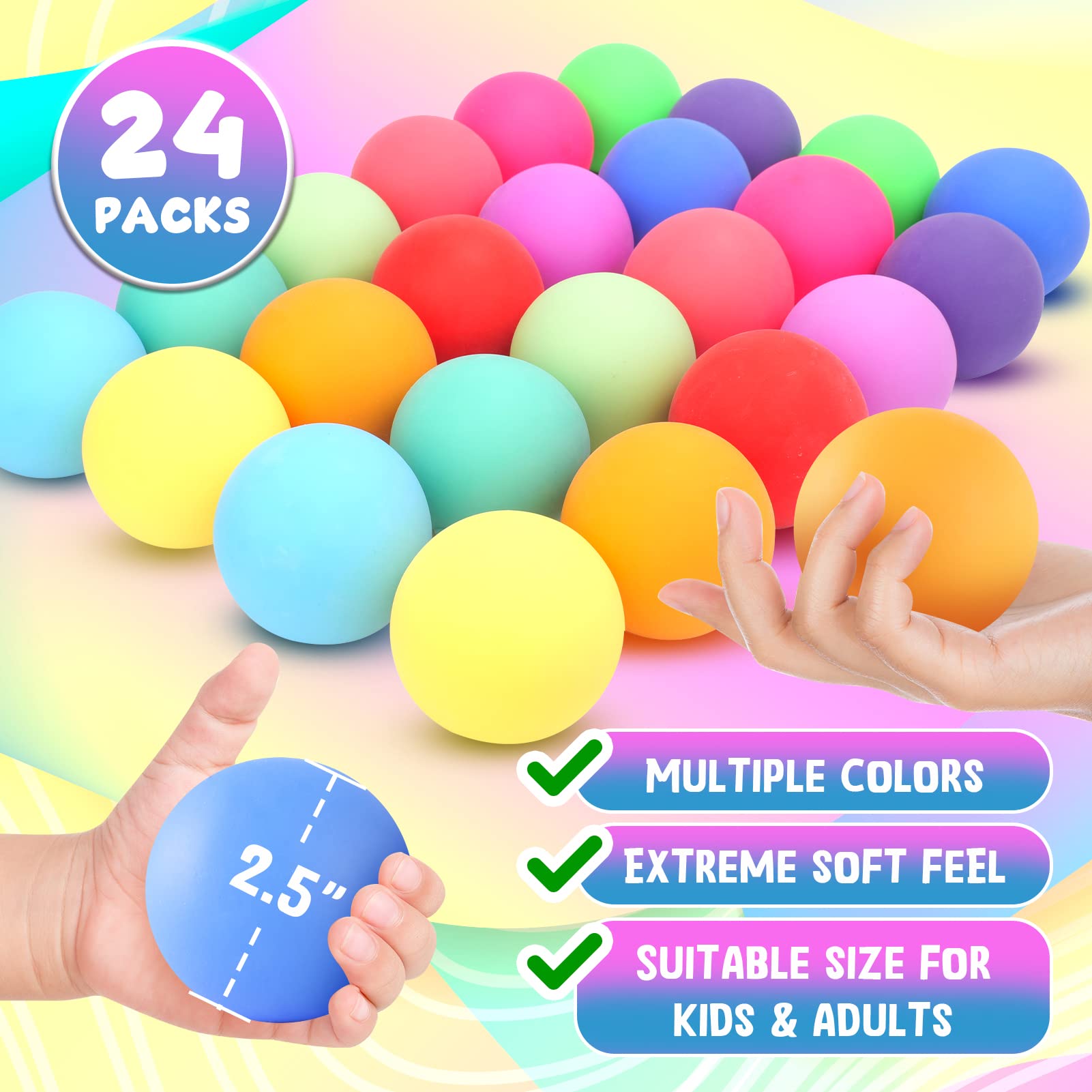 24 Pack Slow Rising Stress Balls - Stretchy Fidget Toys for Anxiety Relief & Hand Therapy | Sensory Squishy Stress Relief Balls for Students, Office Workers & Classroom Prizes | Perfect for Stress Management, Focus Improvement and Sensory Play