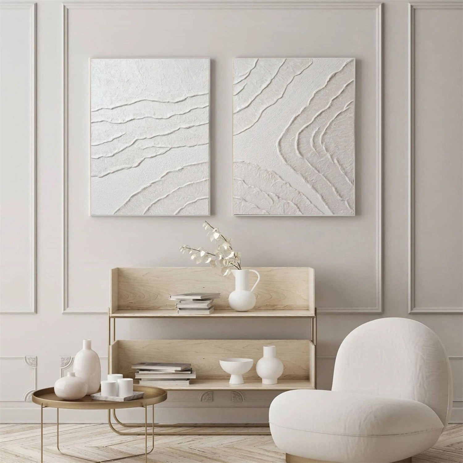 White Minimalist Textured Painting Canvas Set of 2 - Modern Abstract Wall Art for Living Room & Bedroom Decor #MM305