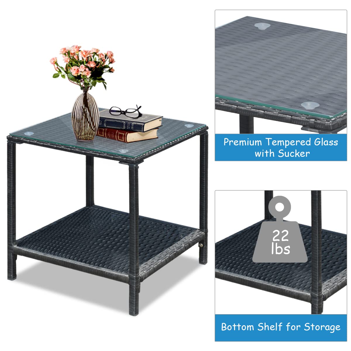 Tangkula 3-Piece Outdoor Wicker Rocking Bistro Set with Cushioned Seats, Glass Coffee Table & Storage Shelf - Black Patio Furniture for Garden, Porch or Backyard Relaxation