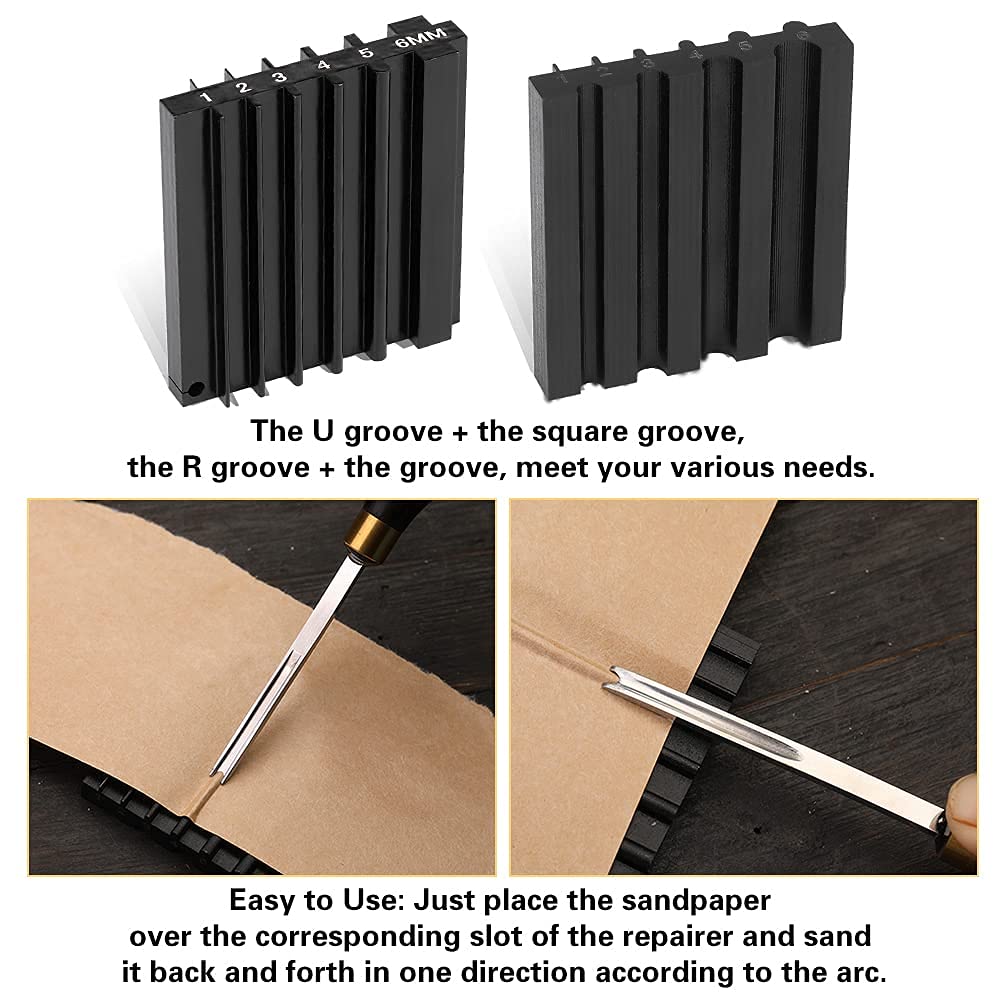TLKKUE Leather Edge Beveler Tool Kit - 5 Sizes Leather Skiving Tools with Sandalwood Handle & Sharpener Guide for Leather Crafting - Perfect for DIY Leather Projects, Belt Making, Wallet Repair, and Shoe Making Accessories