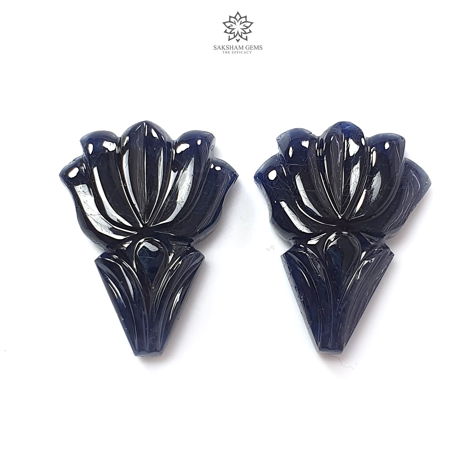 Natural Untreated Dark Blue Sapphire Gemstone Carving - 49.40cts Unheated Hand-Carved Fancy Shape 25x18mm Pair for Jewelry Making & Luxury Gifts