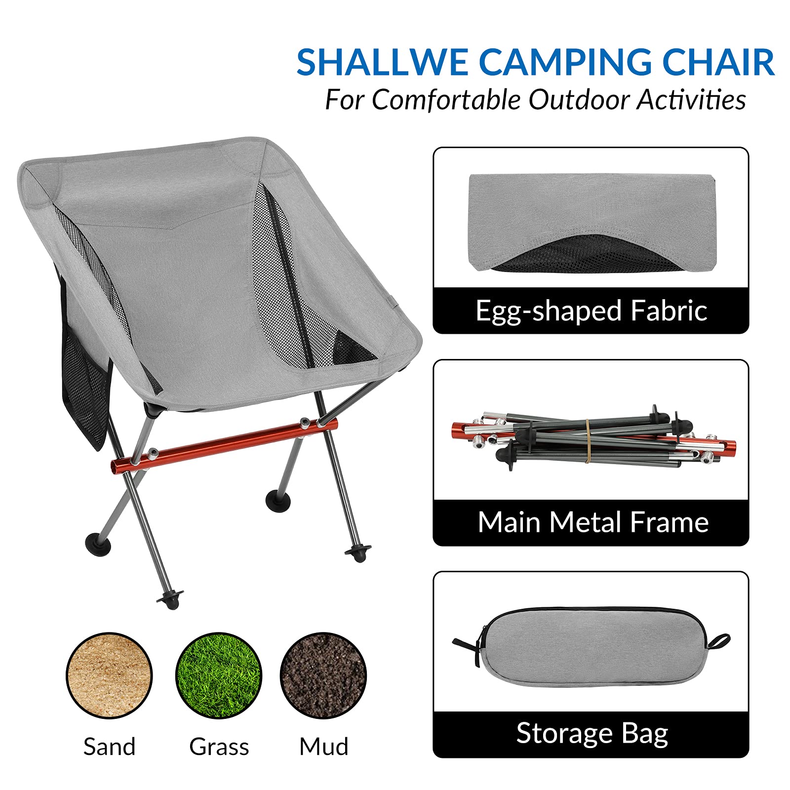 Ultralight Portable Camping Chair - Aviation Aluminum Frame Compact Folding Chair with 300lbs Capacity, Wide Feet & Storage Bag - Perfect for Outdoor Camping, Backpacking, Beach, Picnic, BBQ, Hiking, Travel and Lawn Activities (Gray)