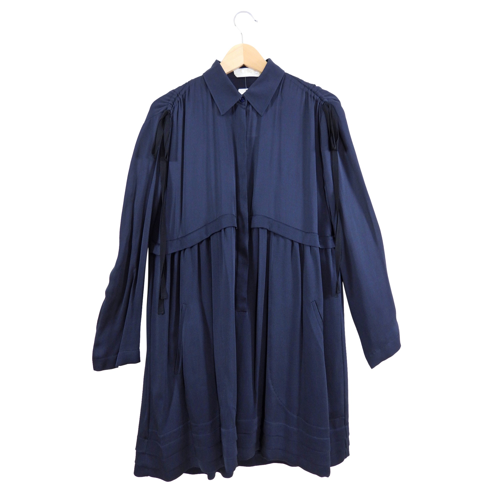 Chloe Navy Blue Long Sleeve Empire Waist Midi Dress for Women - Elegant Formal & Office Wear, Wedding Guest Outfit, Holiday Party Dress