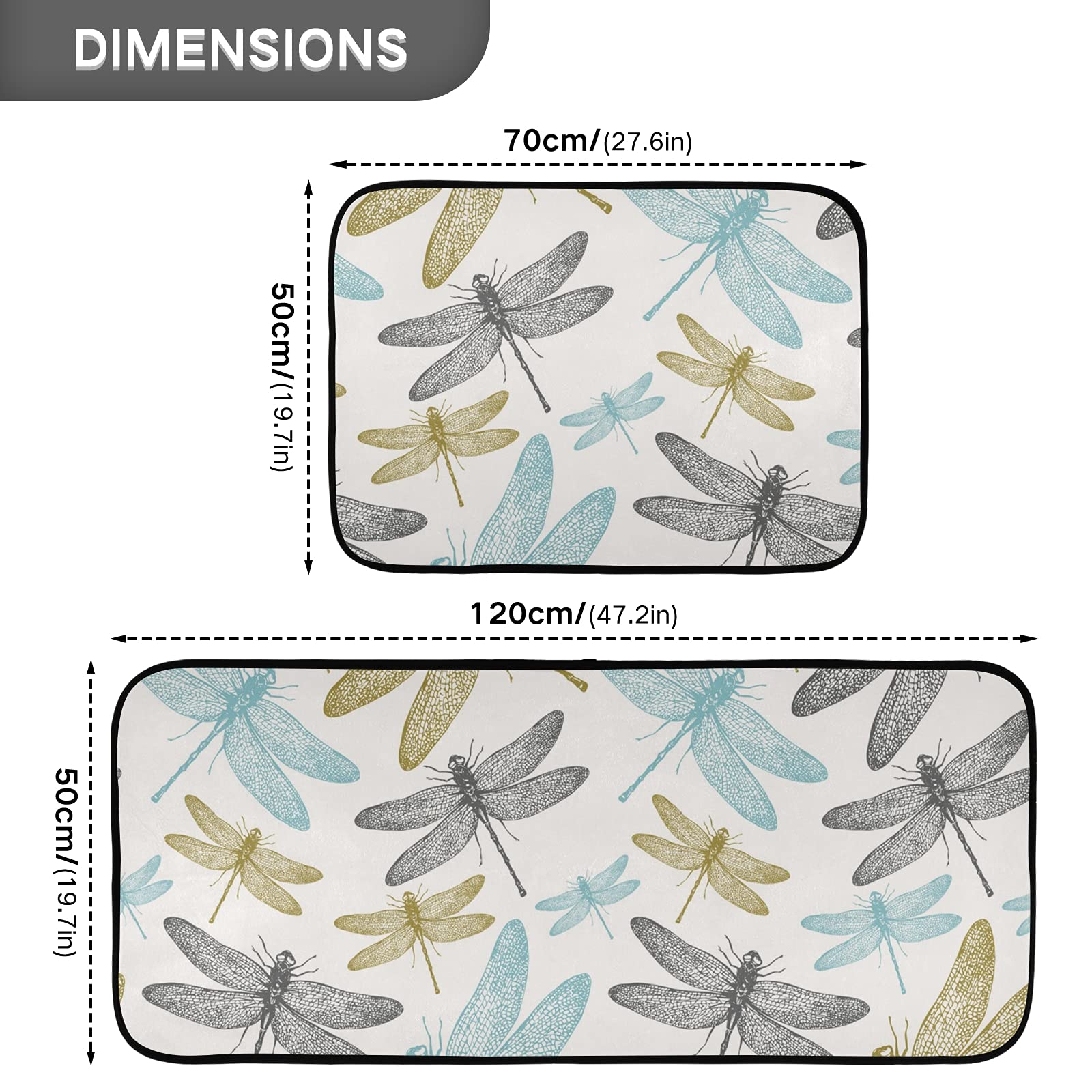 Premium 2-Piece Dragonfly Design Anti-Fatigue Kitchen Rugs - Waterproof Non-Slip Floor Mats with Comfort Elastic Cotton Layer for Kitchen, Home, Office, Laundry & Sink Areas - Perfect for Standing Comfort While Cooking, Washing Dishes or Doing Laundry