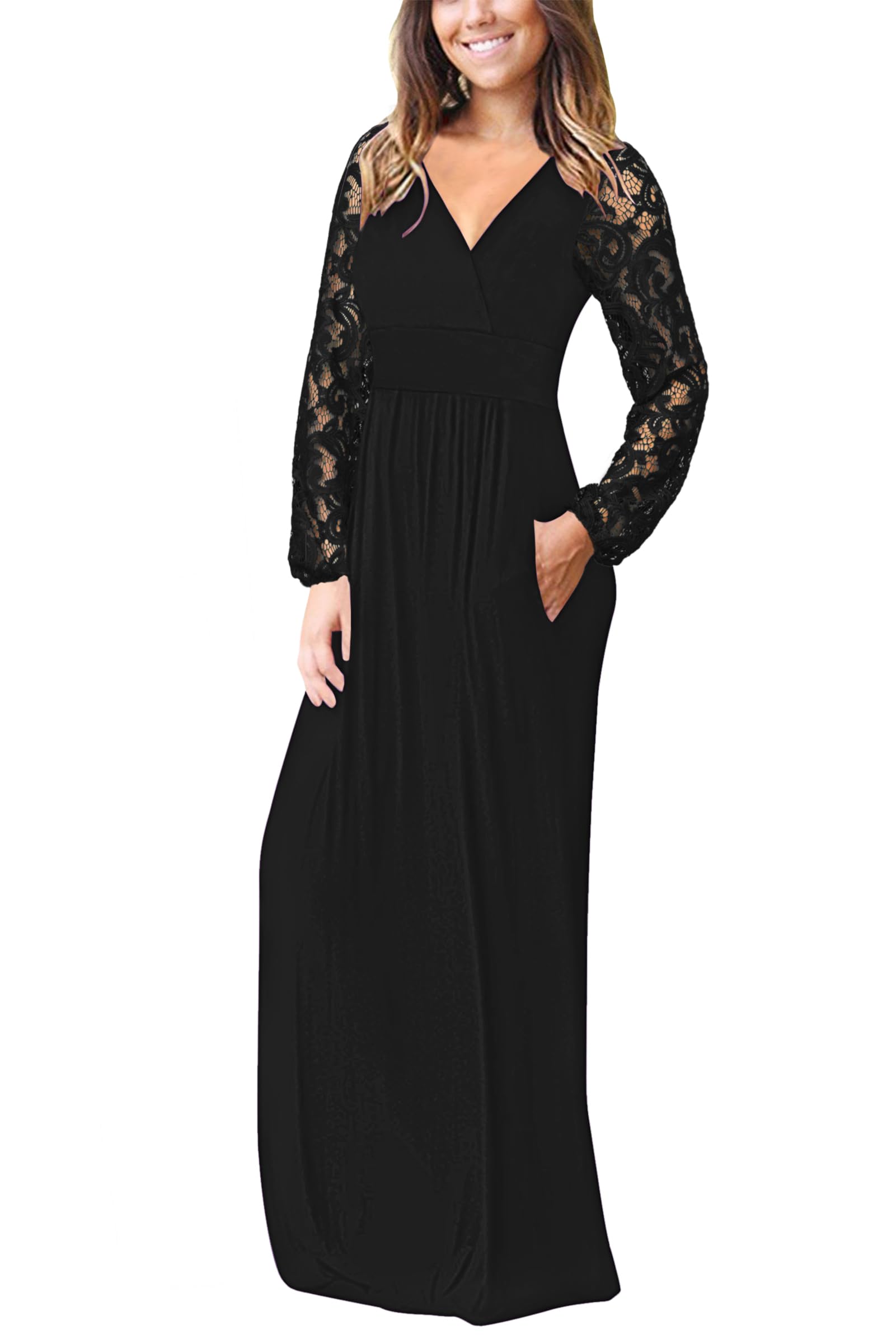 AUSELILY Women's Long Sleeve Maxi Dress 2025 Fall - Elegant Lace Sleeve Wrap Waist V-Neck Midi Dress with Pockets | Perfect for Weddings, Parties & Office Wear