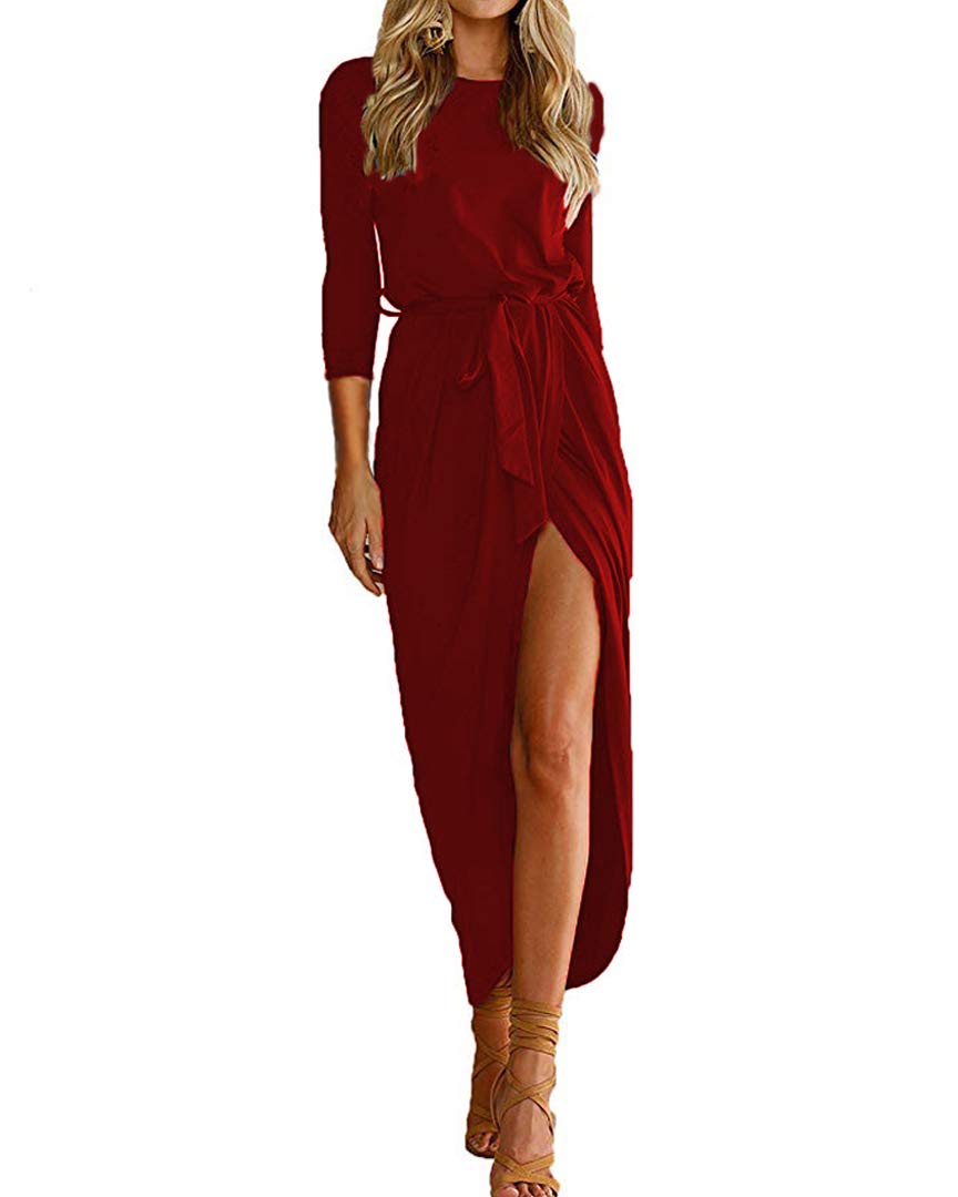 Qearal Women's Short/3/4 Sleeve Belted Maxi Dress with Elastic Waist & Side Slit - Perfect for Summer, Beach, Wedding & Casual Occasions
