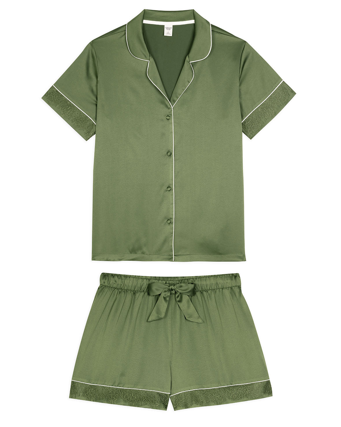 Forest Green Satin Lace Trim Short Pyjama Set - Women's Sleepwear for Summer Nights & Relaxation