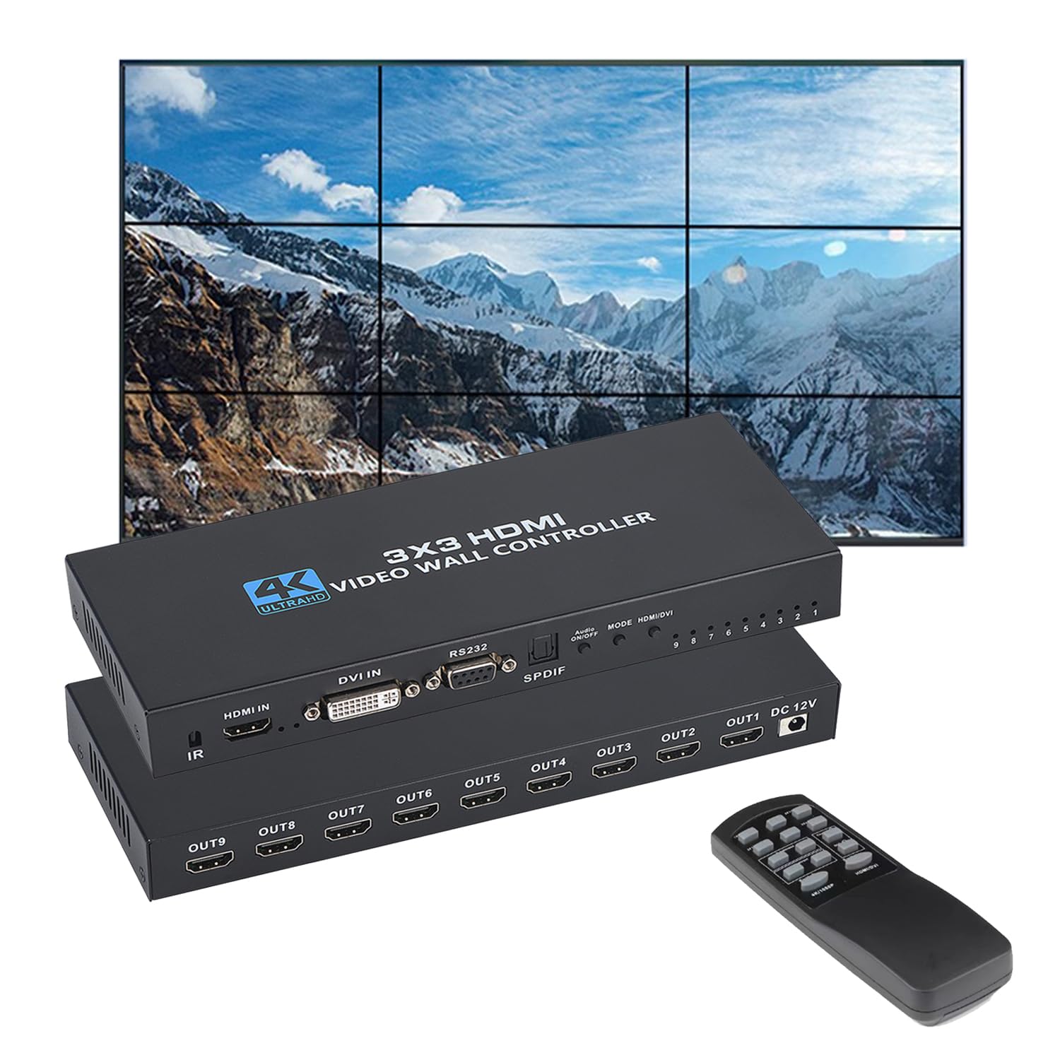 4K x 2K HDMI Video Wall Controller 3x3 | Multi-Screen Splicing Processor for TV Walls | 1-Way HDMI/DVI Input & 9 HDMI Outputs | Supports 3x2, 2x3, 2x2, 4x2, 2x4 Image Stitching | Perfect for Digital Signage, Control Rooms & Video Conferencing