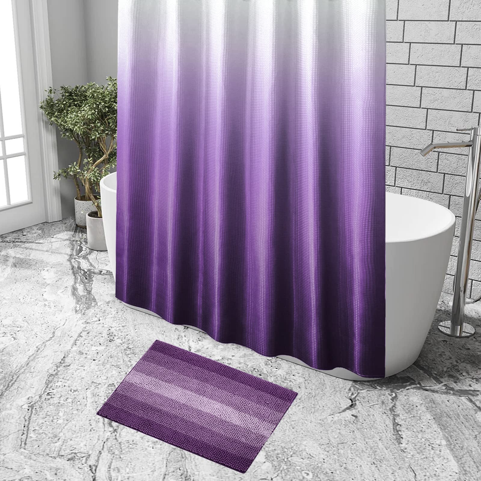 Gibelle Purple Shower Curtain Set with Bath Rug - Waffle Weave Textured Bathroom Decor - 72x72 Inch Shower Curtain & 20x32 Inch Bath Mat - Waterproof & Stylish for Modern Bathrooms