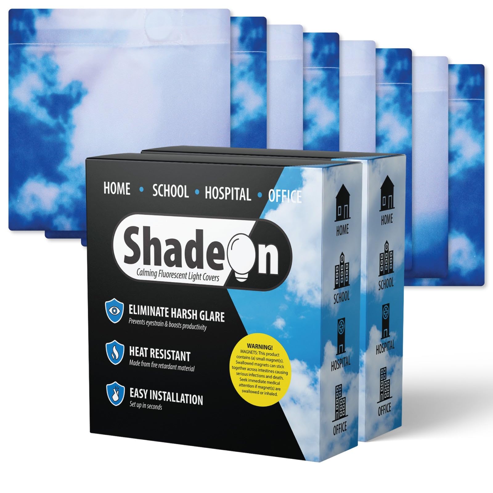 ShadeOn 2x4 ft Magnetic Fluorescent Light Covers for Ceiling Lights (8-Pack) - Classroom & Office Lighting Solution - Reduce Glare & Eye Strain - Summer Sky Design for Relaxing Atmosphere