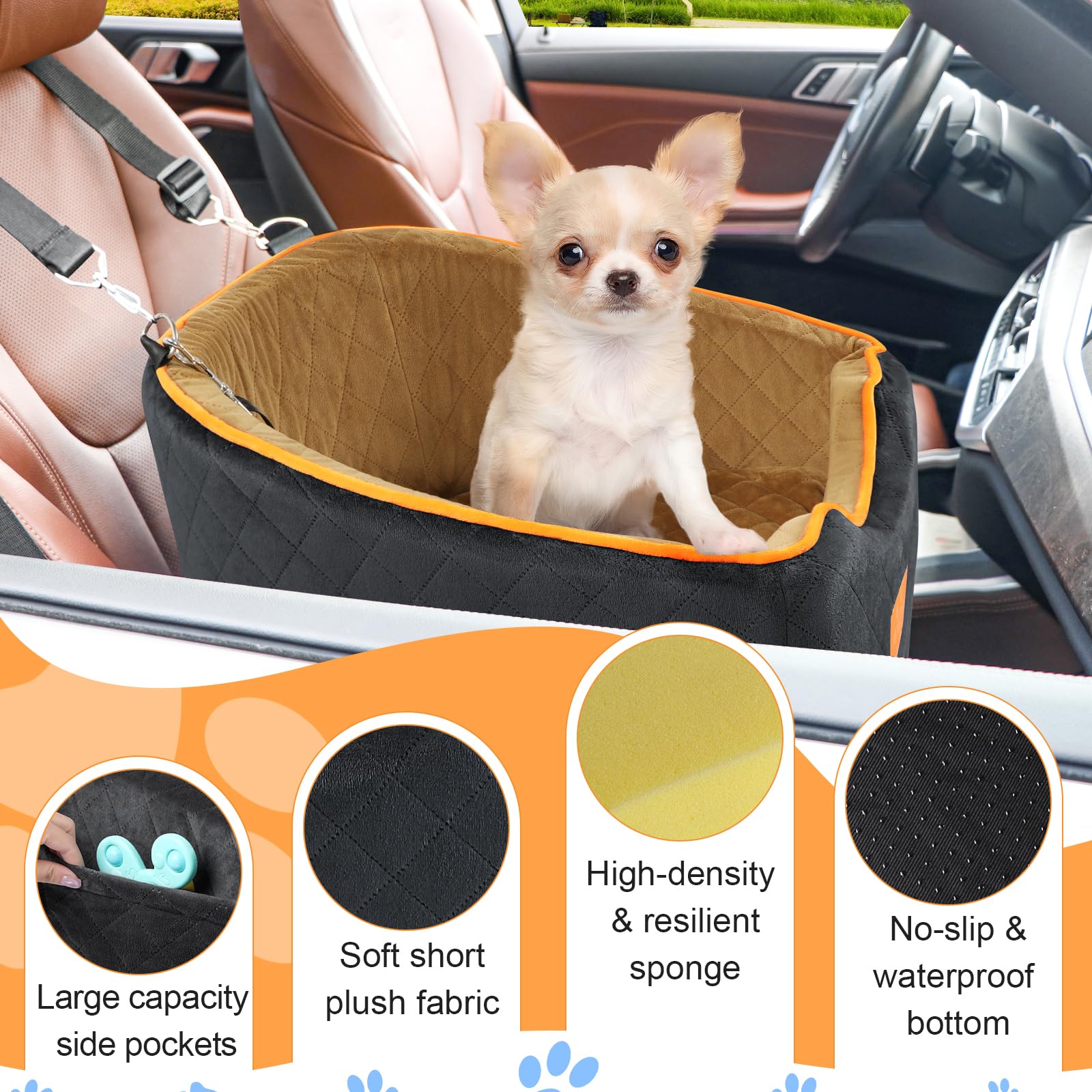 Small Dog Car Seat with Memory Foam - 35 lbs Pet Booster Seat | Washable Cover & Storage Pockets | Perfect for Car Travel & Road Trips with Your Puppy