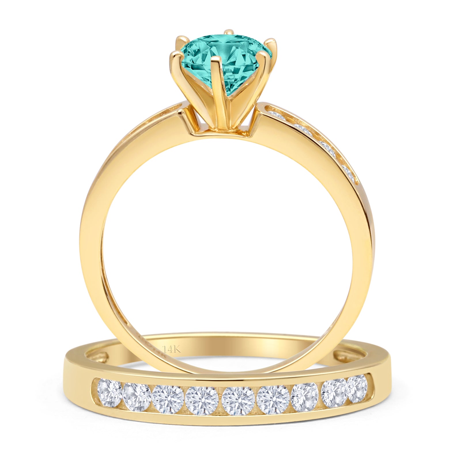 14K Yellow Gold Two-Tone Half Eternity Ring with Round Paraiba Tourmaline & CZ Stones - Elegant Cathedral Wedding Band for Engagement, Anniversary or Special Occasion Gift