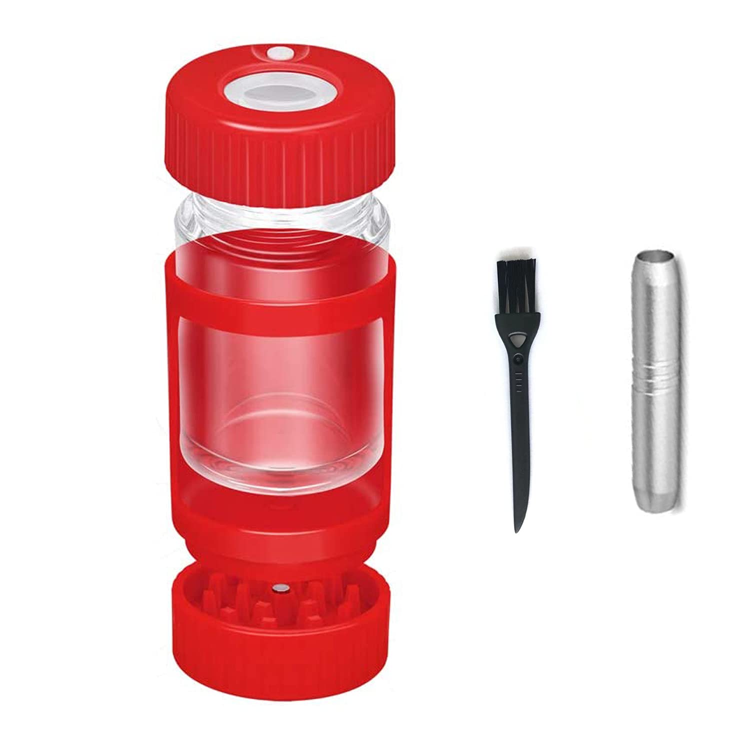 Premium LED Herb Grinder with Storage Jar - 110ml Spice Crusher with Cleaning Brushes & Pipe | Portable Design for Travel & Home Use (Red) | Perfect for Grinding Herbs, Spices & Tobacco