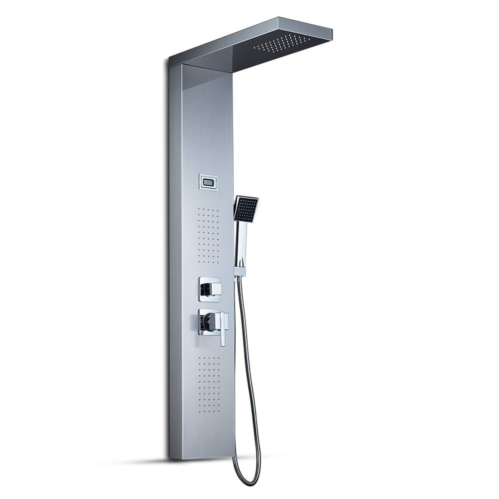 ROVOGO 304 Stainless Steel Shower Panel Tower with Rainfall Shower, Body Jets, Handheld Shower & Temperature Display - Wall Mounted Brushed Nickel Bathroom Shower System for Luxury Spa Experience at Home