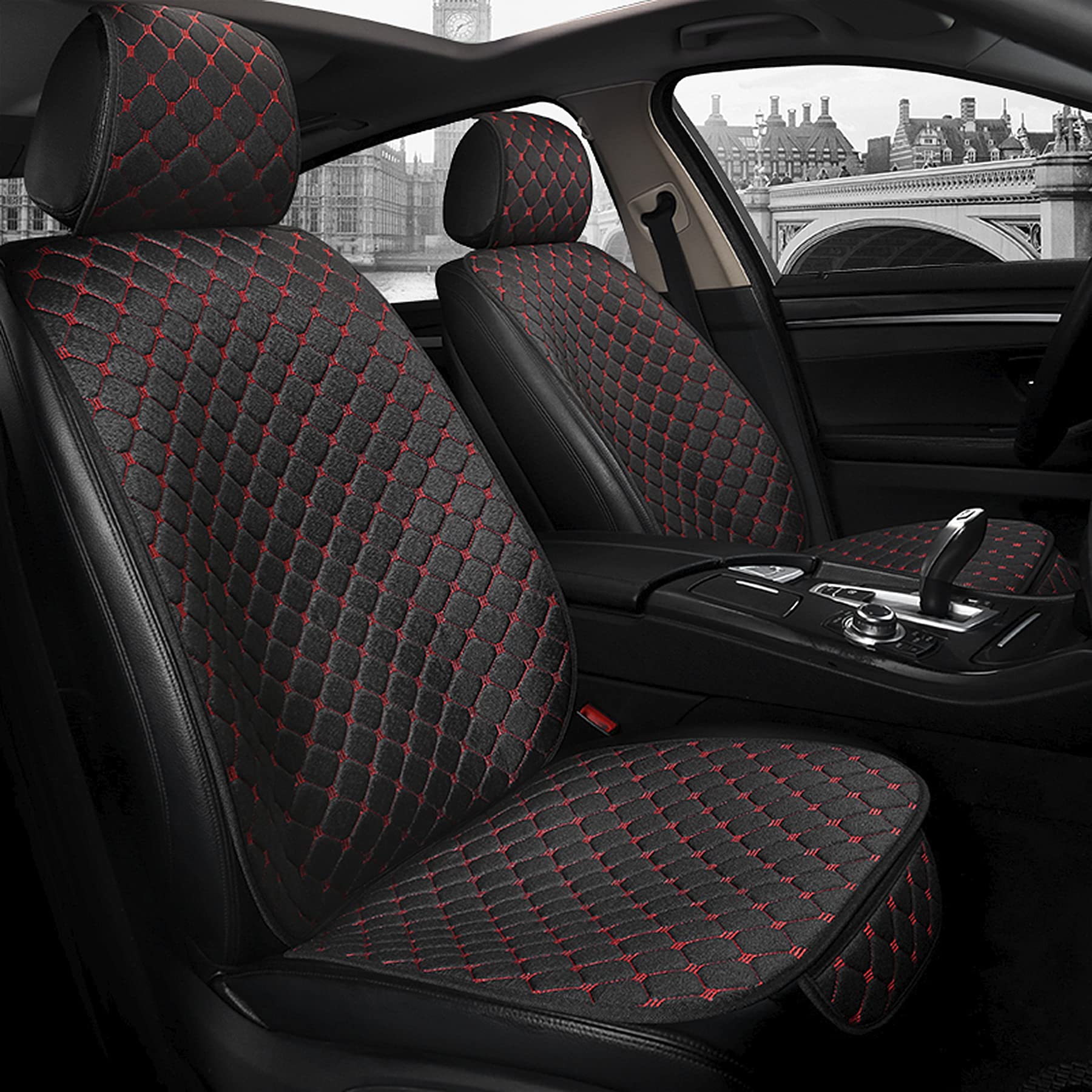 UYYE Universal Front Car Seat Covers - Non-Slip Breathable Linen Fabric for All Seasons | Fits Most Cars, SUVs, Trucks & Vans (Black & Red) | Perfect for Daily Commute, Road Trips & Family Travel