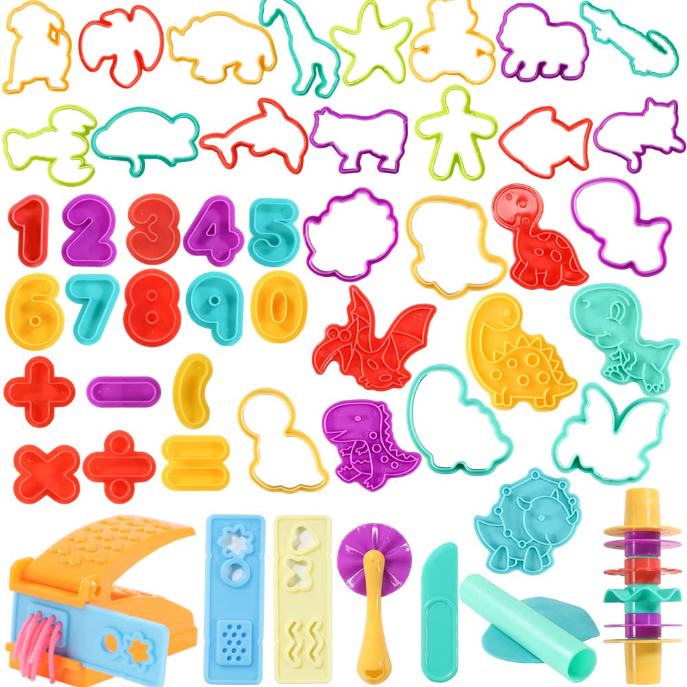 50Pcs Kids Play Dough Tools Set - Animal & Dinosaur Cutters, Molds, Rollers, Extruders for Creative Play | Perfect for Preschool Learning, Birthday Gifts & Sensory Activities