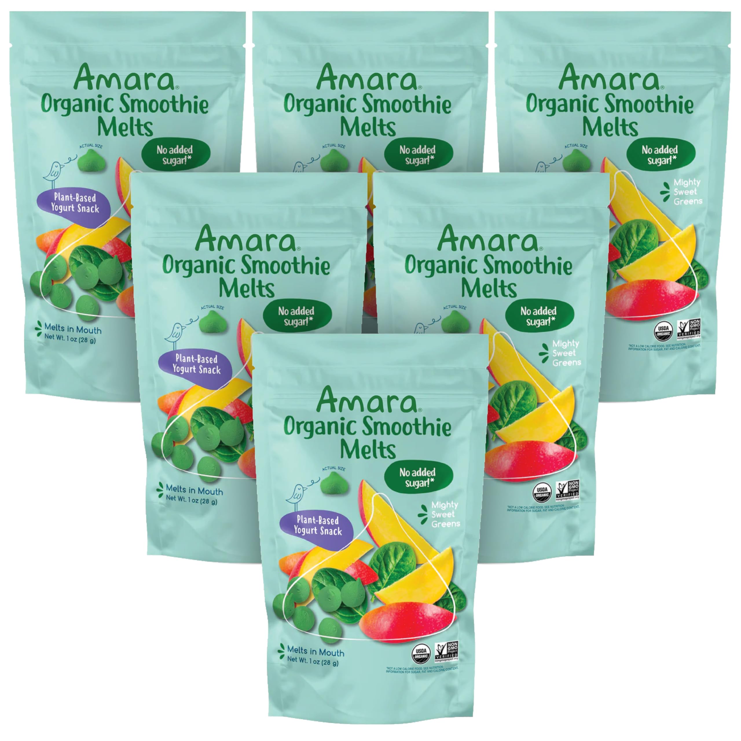 Organic Amara Smoothie Melts - Mighty Sweet Greens Baby Snacks with Fruits & Vegetables | Healthy Toddler Snacks for Lunch Box | Plant-Based Yogurt Melts in 6 Resealable Bags | Perfect for On-the-Go Snacking & School Lunches