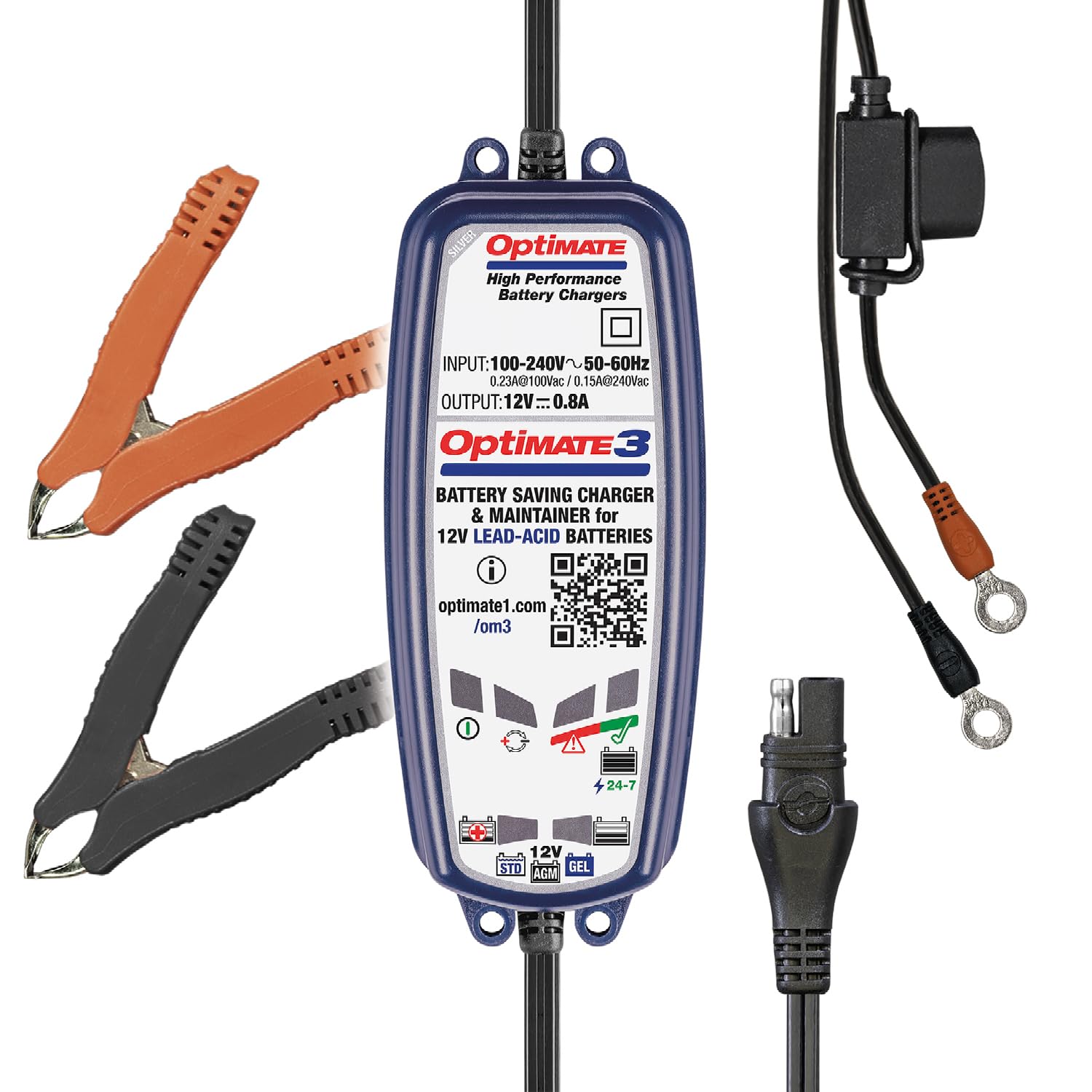 OptiMate3 0.8A Smart Battery Charger for 12V Lead-Acid Motorcycle & Powersport Batteries - Maintainer & Desulfator for ATV, Dirt Bike, Jet Ski & Snowmobile Storage