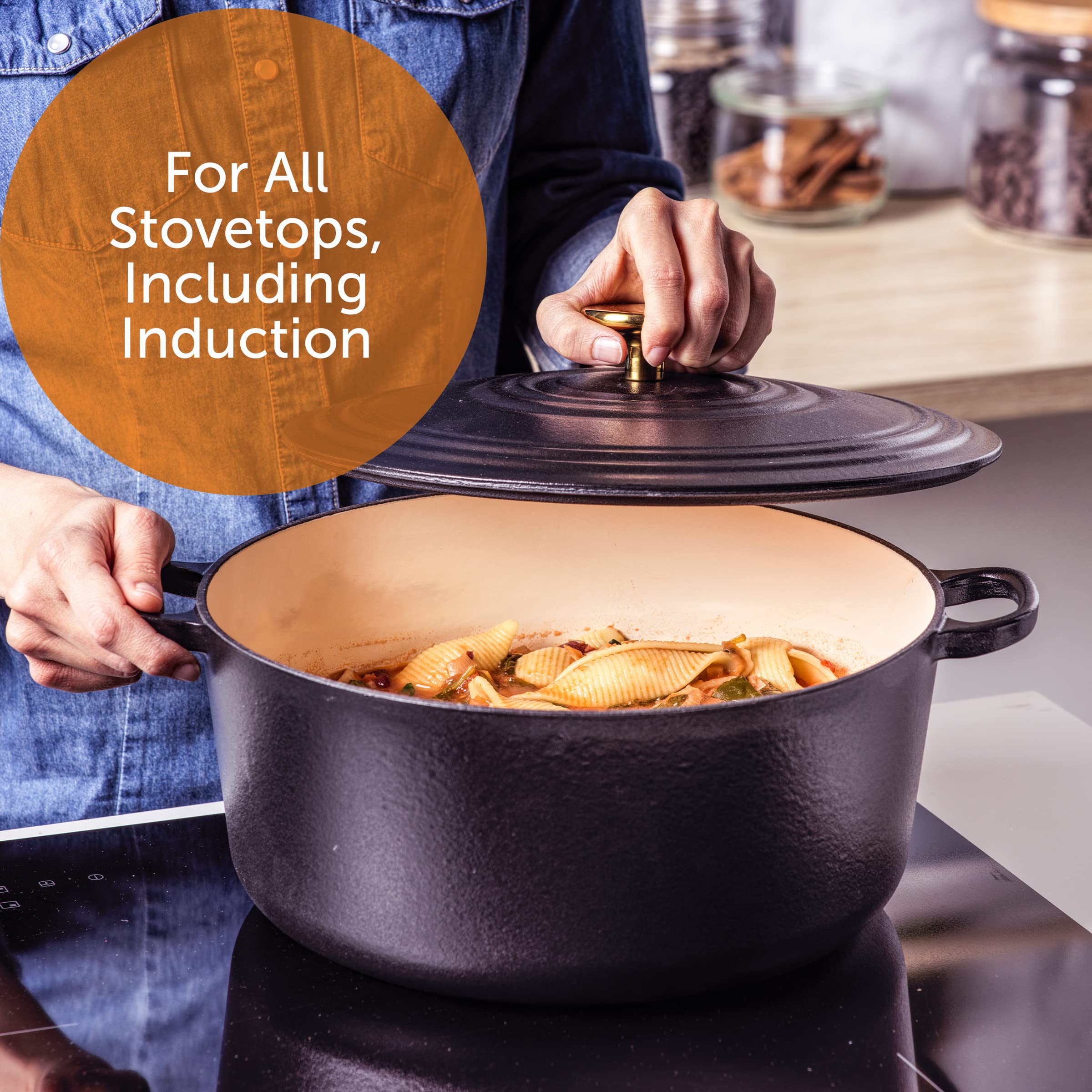 BK Cookware Bourgogne Enameled Cast Iron 7QT Dutch Oven - Pitch Black | Heavy Duty Cast Iron Pot for Braising, Stewing & Baking | Perfect for Soups, Casseroles & Bread Making in Oven or Stovetop
