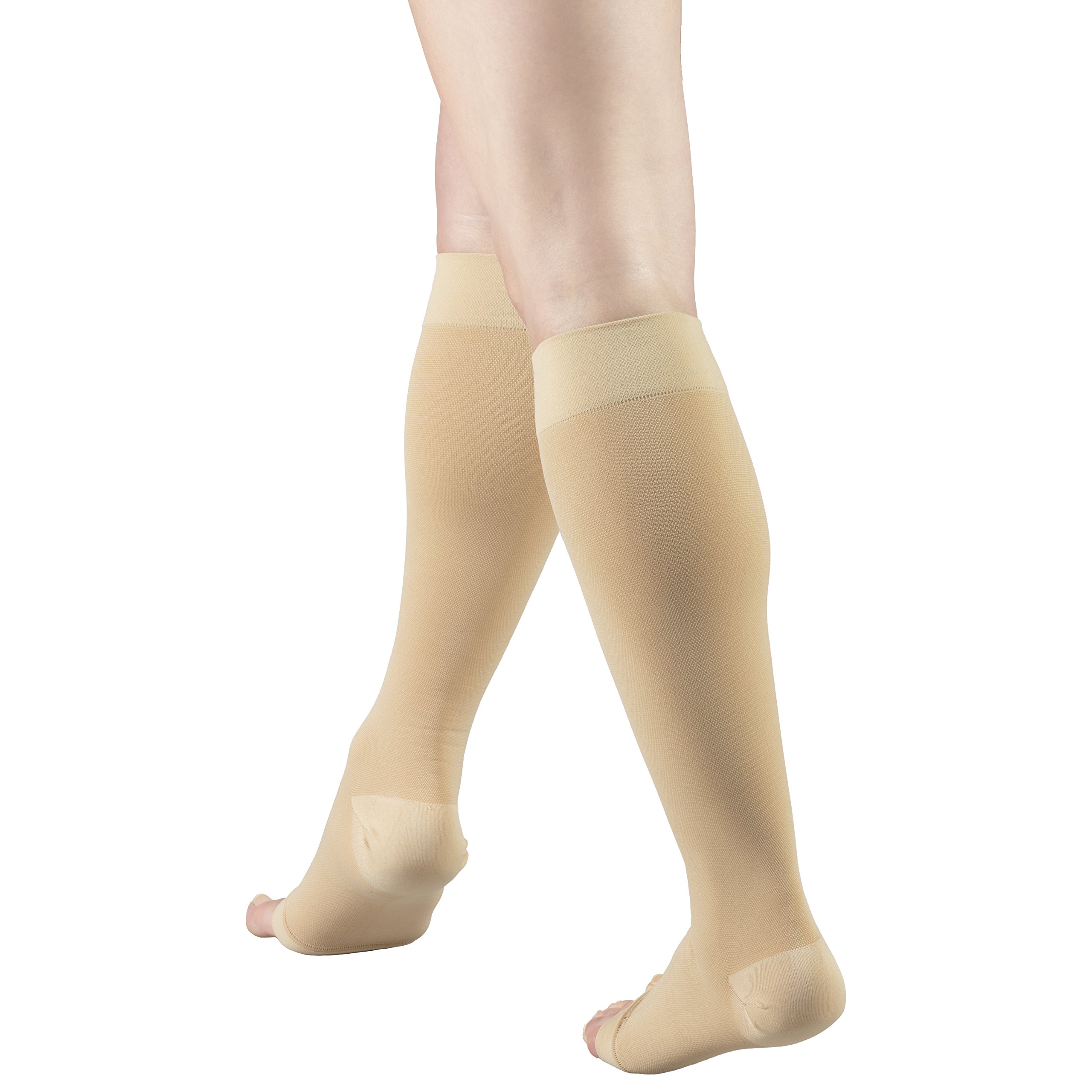 Truform 15-20 mmHg Compression Socks for Men & Women - Knee High Open Toe Beige Medium Size - Ideal for Travel, Varicose Veins & Circulation Support