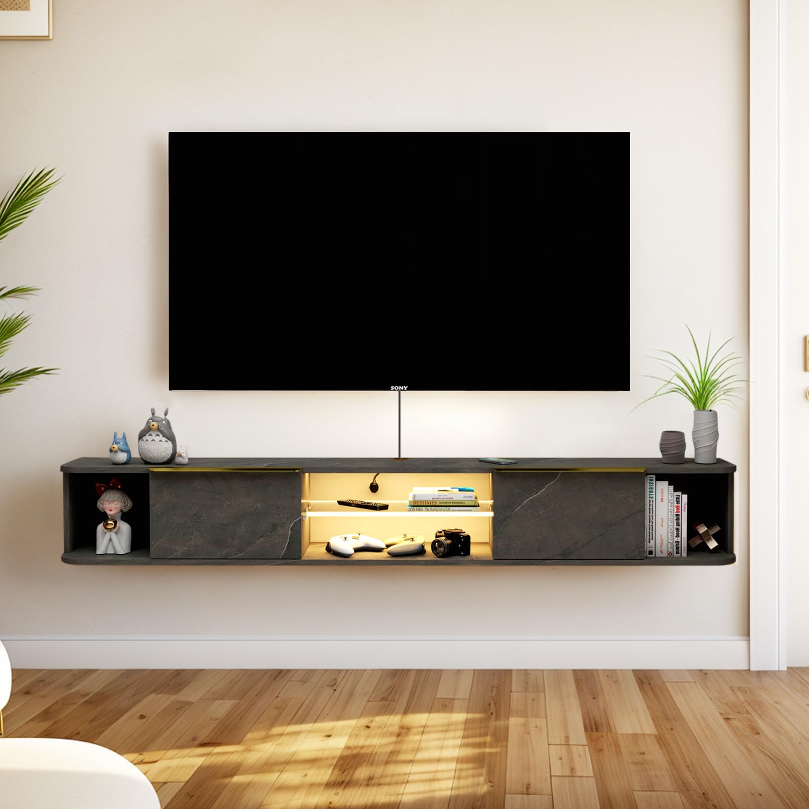 PMNIANHUA 80 Inch Floating TV Stand with LED Lights - Wall Mounted TV Console with 2 Drawers, 78