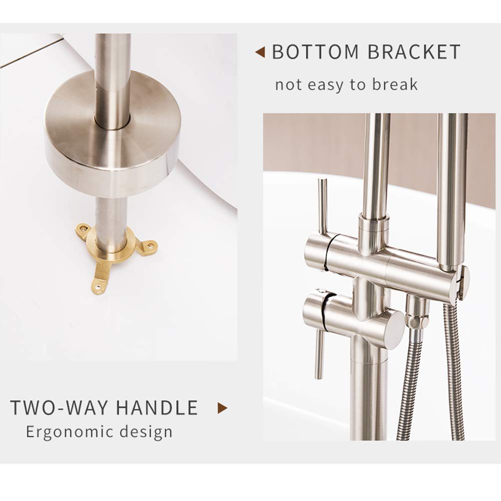 Brass Freestanding Bathtub Faucet with Hot & Cold Water - Double Handle Floor Mounted Bath Shower Mixer with Handheld Showerhead - Brushed Nickel Finish for Modern Bathroom & Spa Relaxation