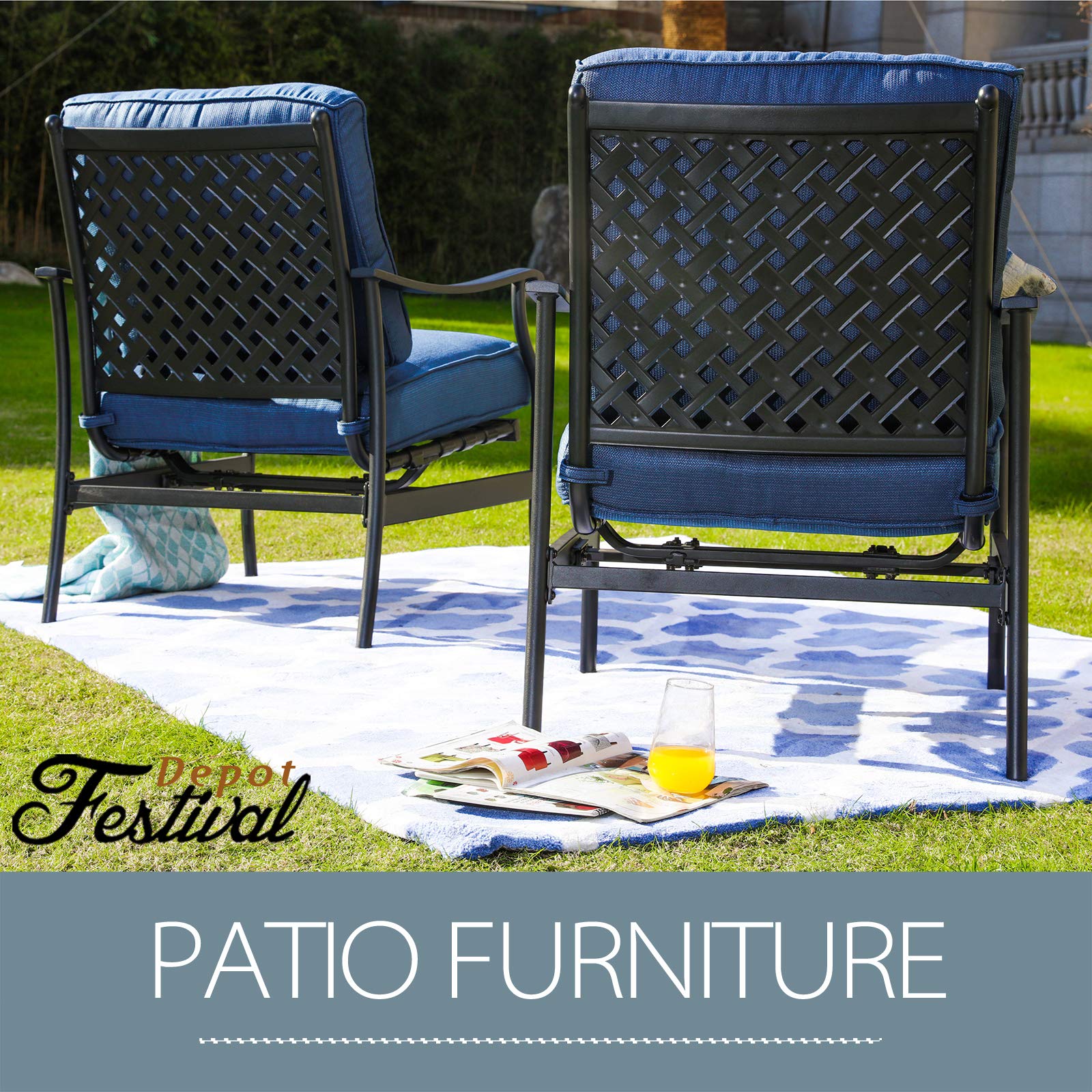 Festival Depot 2-Piece Patio Dining Set - Thick Cushioned Metal Frame Outdoor Chairs for Bistro, Deck & Garden - Weather-Resistant Blue Outdoor Furniture (Perfect for Backyard BBQs, Poolside Relaxation & Outdoor Dining)