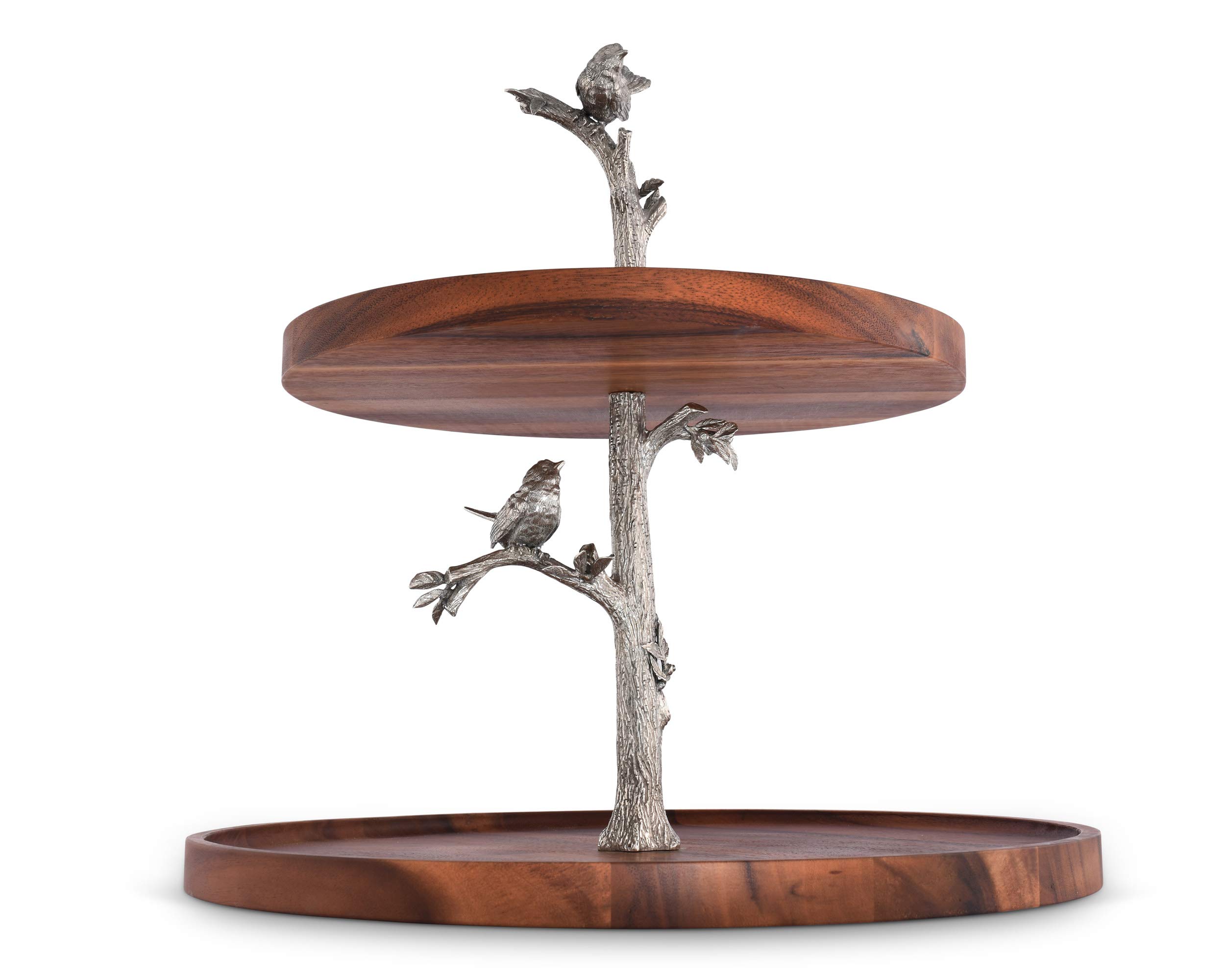 Vagabond House Pewter Song Bird Two-Tier Acacia Wood Serving Stand for Cheese, Desserts & Cupcakes - 18