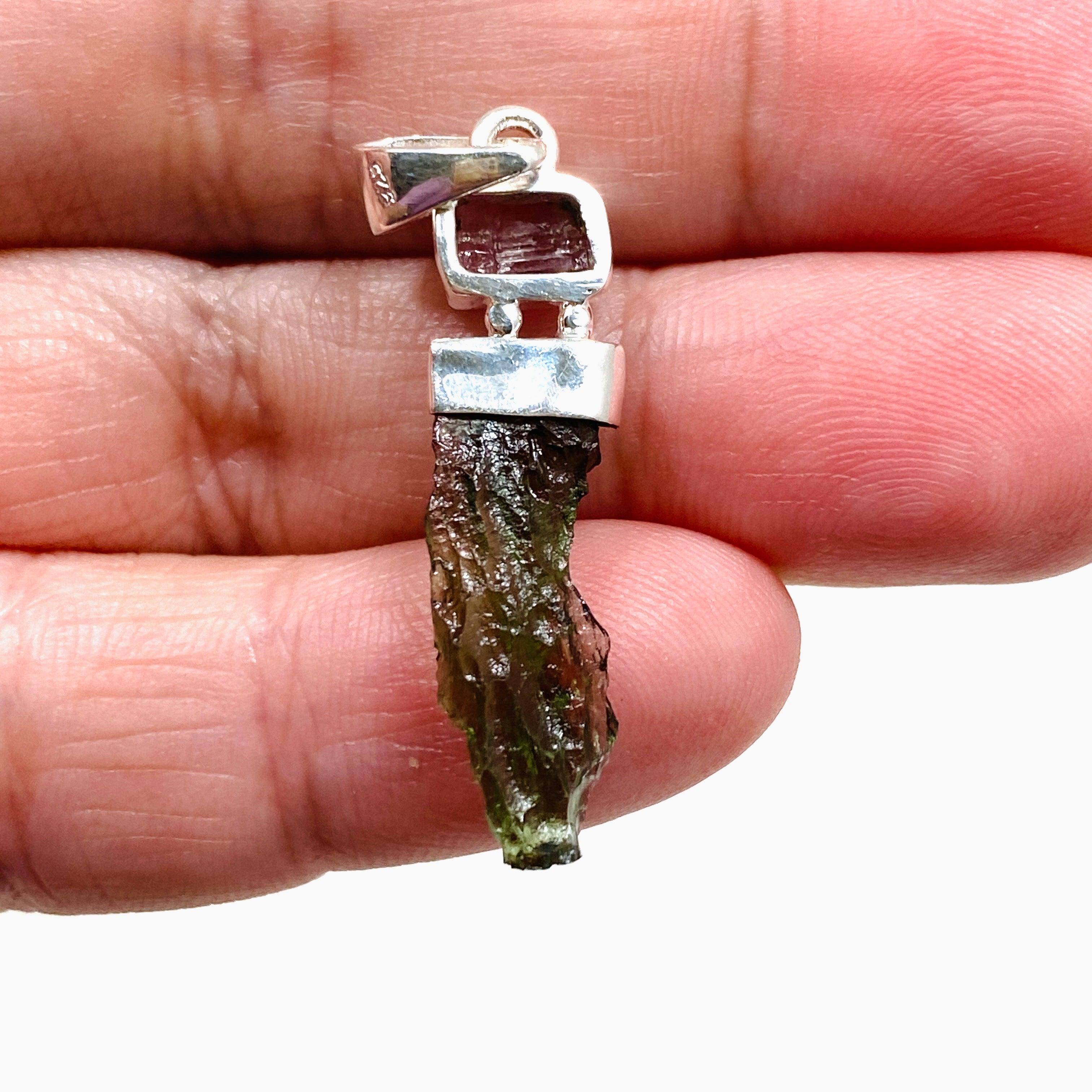 Natural Moldavite & Pink Tourmaline Pendant Necklace CGJ 04 - Spiritual Healing Jewelry for Meditation & Energy Protection