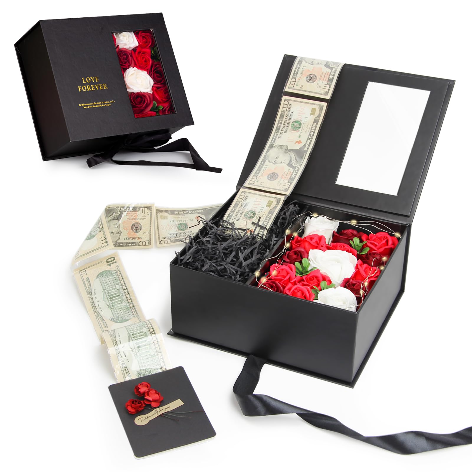 Luxury Money Pull Out Gift Box with Flowers & Ribbon - Elegant Cash Present Box for Birthday, Anniversary, Wedding - Perfect Gift for Wife, Girlfriend, Mother, Friend - Great for Surprise Parties & Special Occasions