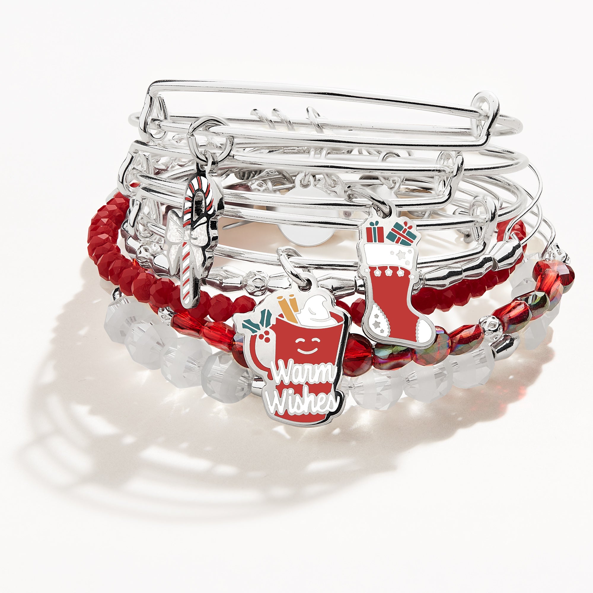 Warm Wishes Charm Bangle Set of 7 - Sterling Silver Adjustable Bracelets for Women, Friendship Gift for Best Friend, Birthday Present - Perfect for Everyday Wear, Special Occasions & Gift Giving