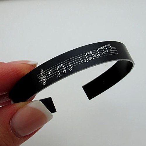 Personalized Music Note Engraved Cuff Bracelet - Unique Custom Jewelry Gift for Musicians & Music Lovers - Black Leather Band - Perfect for Concerts, Gifts & Music Themed Events