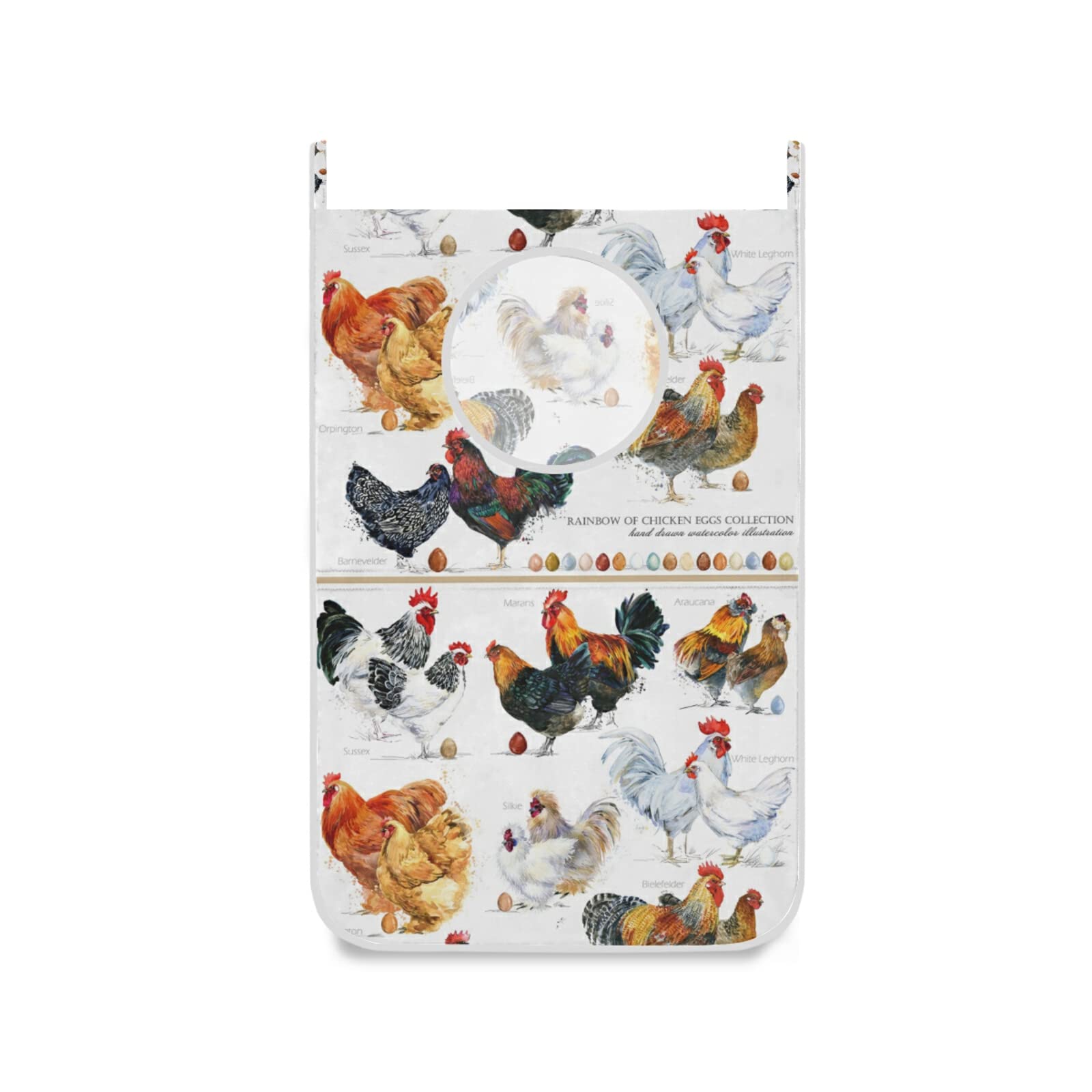 Chicken Hen Rooster Poultry Farm Bird Design Hanging Laundry Hamper Bag - Over The Door Clothes Storage Organizer with Hooks for Bathroom, Bedroom & Closet - Perfect for Farmhouse Decor, Pet Lovers & Country Style Homes