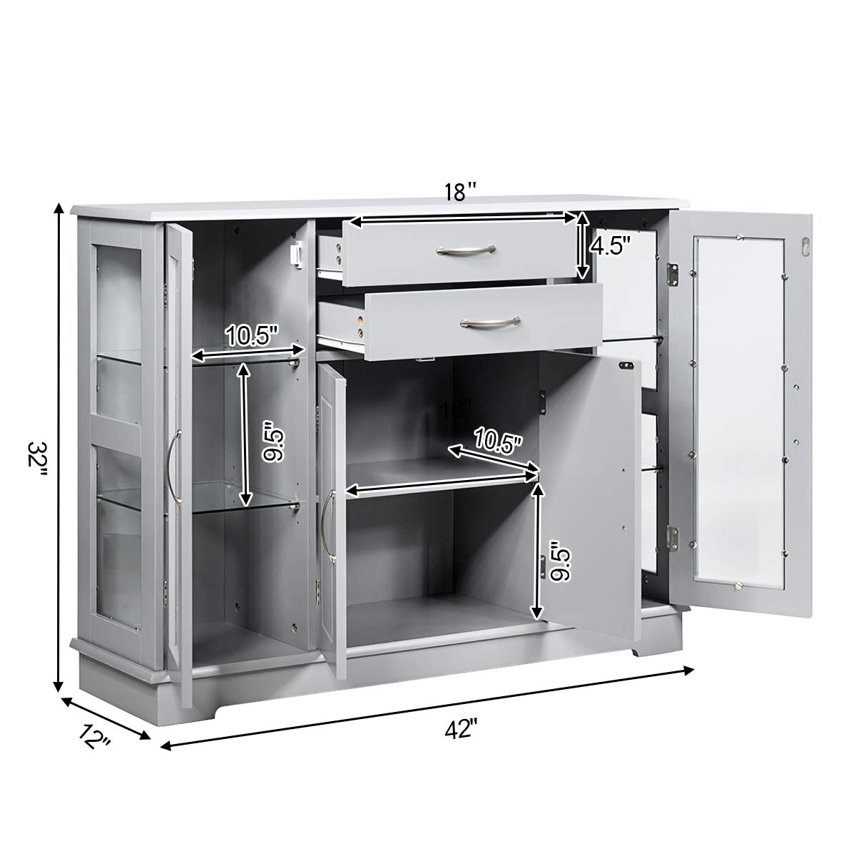 Giantex Gray Sideboard Buffet Server with 2 Drawers & 3 Cabinets - Kitchen Storage Cabinet with Glass Doors for Dining Room Furniture, Cupboard Console Table - Perfect for Entertaining, Holiday Serving & Home Organization