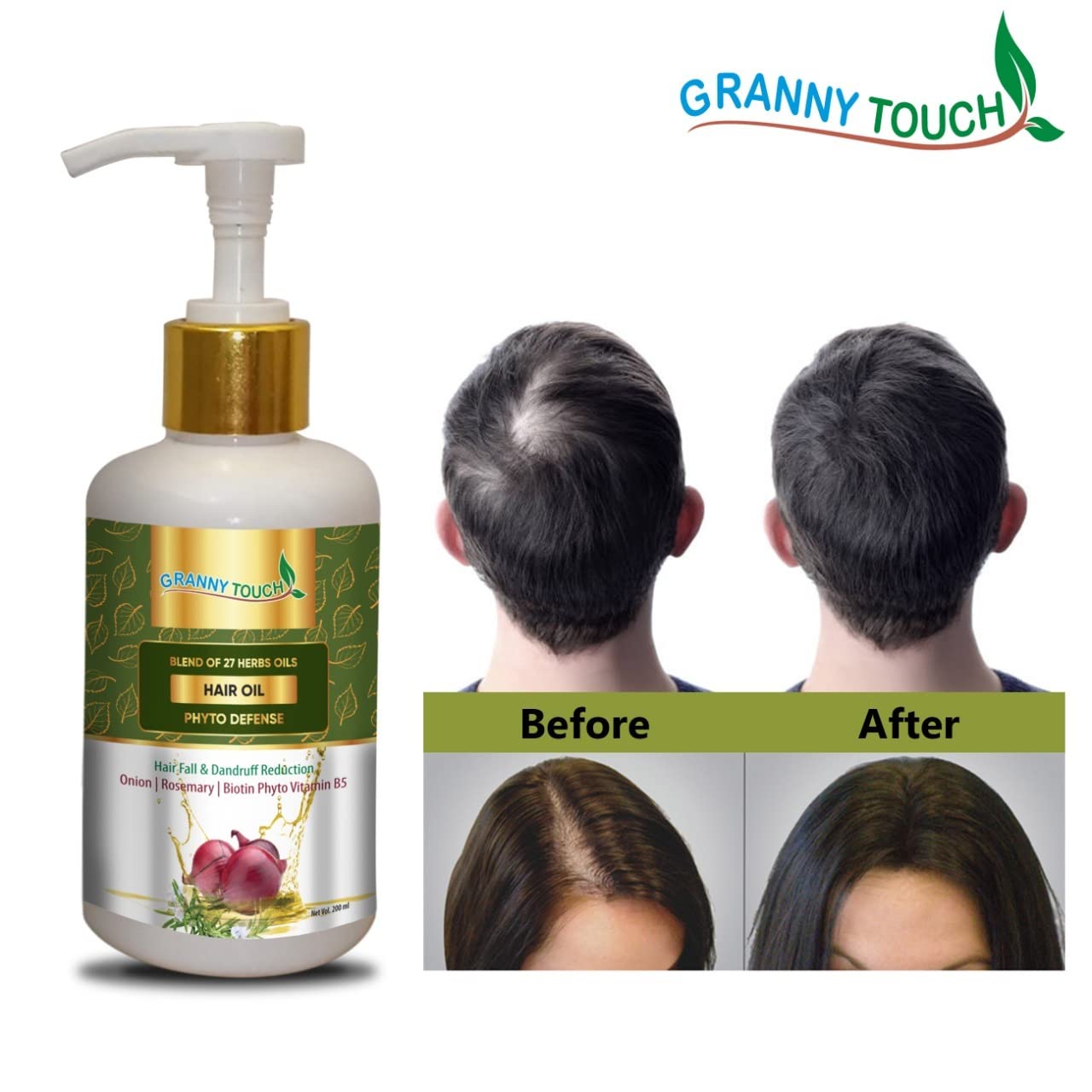 GRANNY TOUCH Onion Hair Oil for Hair Growth & Hair Fall Control - 27 Herbs & Onion Extract, 200ml (Pack of 1) | Natural Remedy for Thinning Hair, Split Ends & Scalp Care | Perfect for Daily Hair Nourishment & Styling