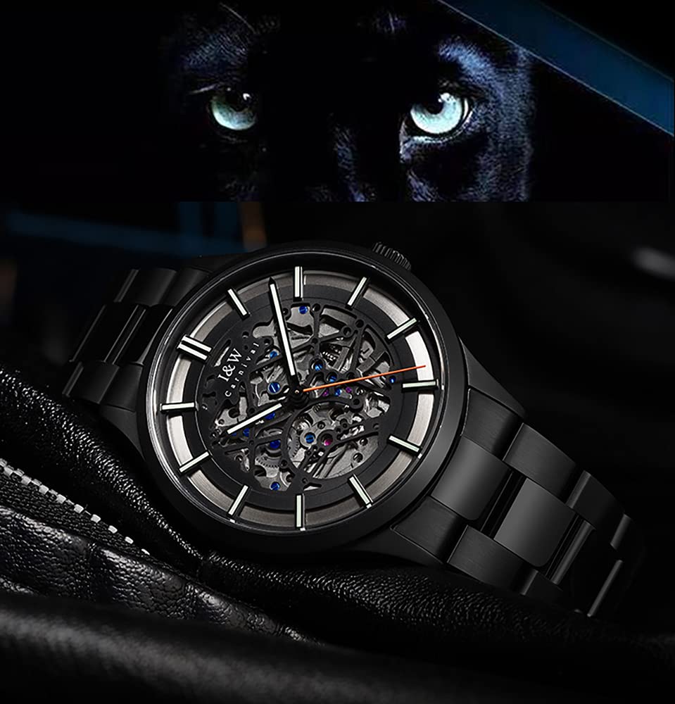 LOREO Men's Automatic Watch - Luminous Skeleton Dial, Black Stainless Steel, Synthetic Sapphire, Waterproof Military Casual Sports Watch for Everyday Wear & Outdoor Activities