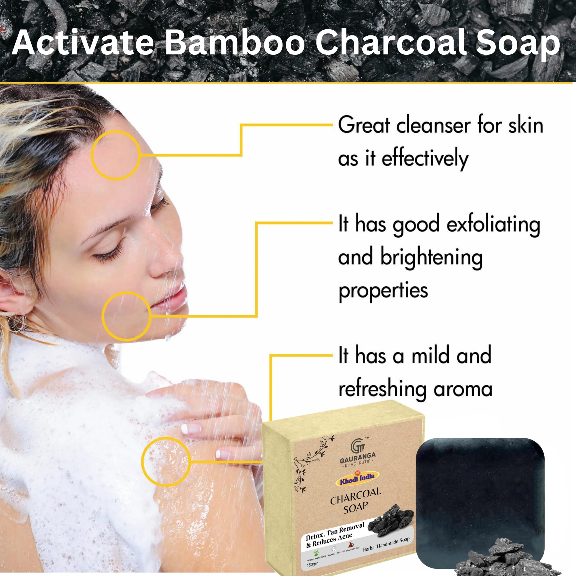 Khadi Activated Charcoal & Tea Tree Oil Soap - 3 Pack (75g Each) for Acne-Free, Bright Skin | Natural Detox & Tan Removal Face & Body Wash | Perfect for Daily Skincare & Deep Cleansing Routine