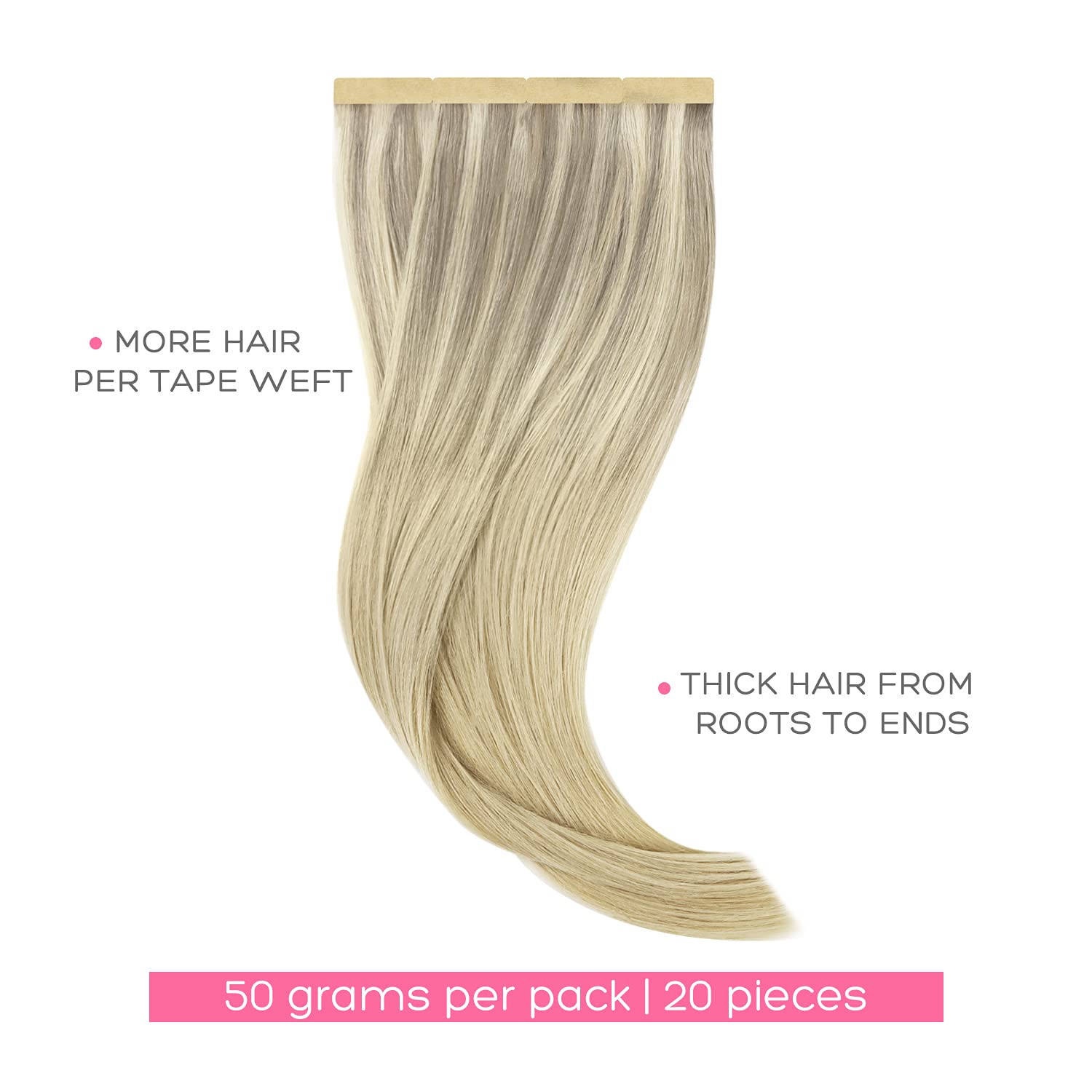 Marat 20-Inch Tape in Hair Extensions - Ash Blonde, Golden Blonde & Platinum Blonde | 50g Real Human Hair | Natural Straight Tape-Ins for Volume & Length | Perfect for Weddings, Parties & Daily Styling