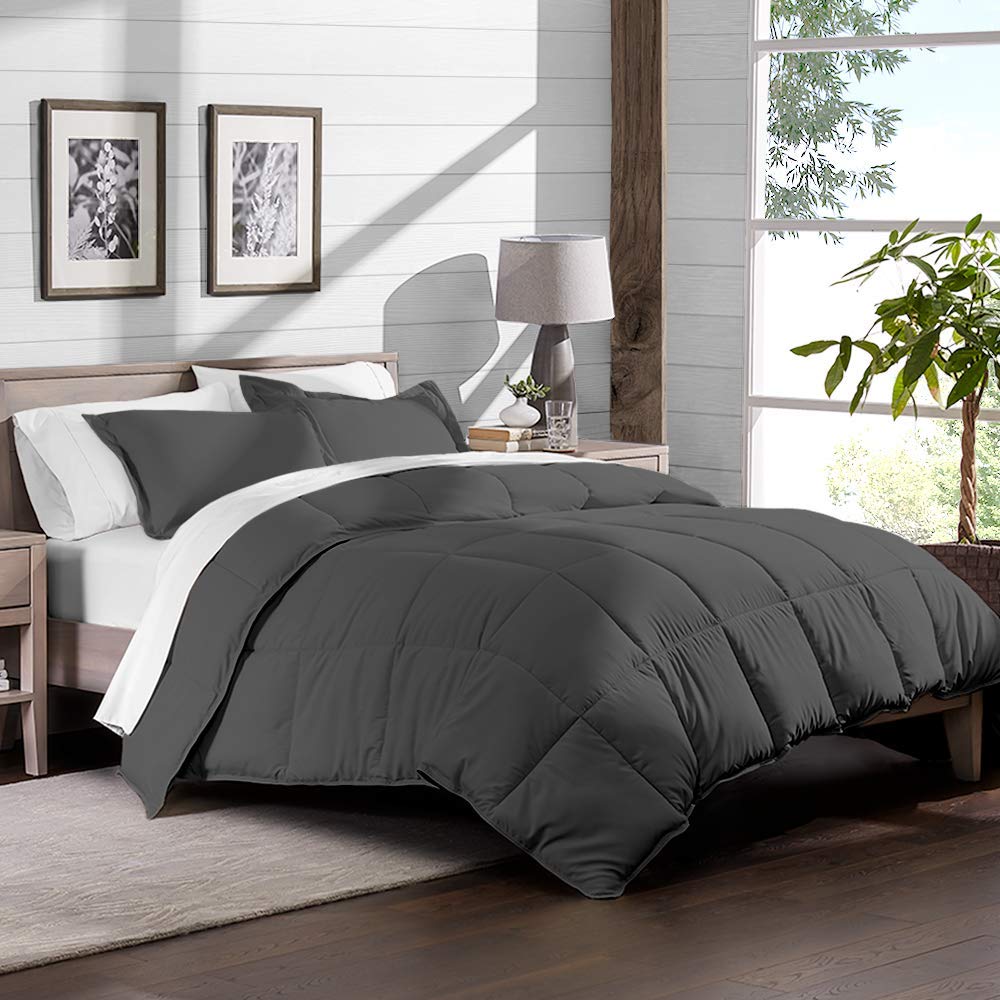 Organic Cotton 3-Piece Comforter Set - 500 GSM Quilted Duvet Insert with 2 Pillow Shams | Lightweight Down Alternative Bedding (Elephant Grey, Full/Queen) for Cozy Bedroom & Guest Room Decor